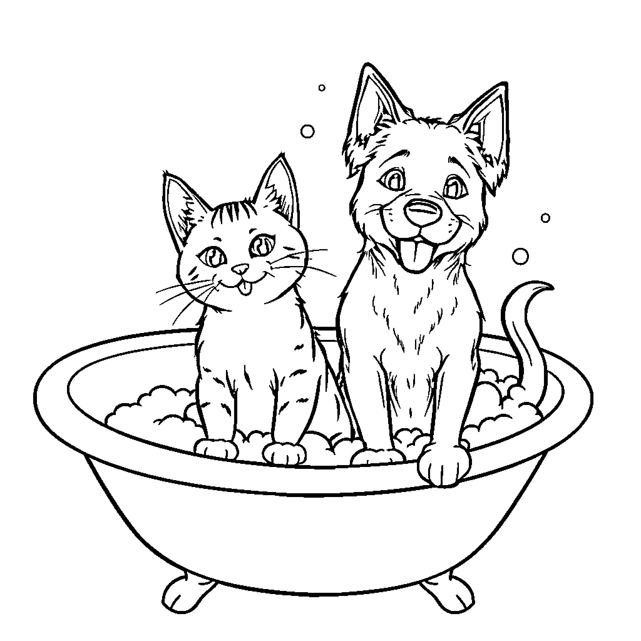 Cat and Dog Relaxing in Bubble Bath Coloring Page (free black-and-white line drawing printable PDF for all, from beginners to advanced learners, including children, teens, adults, and seniors)