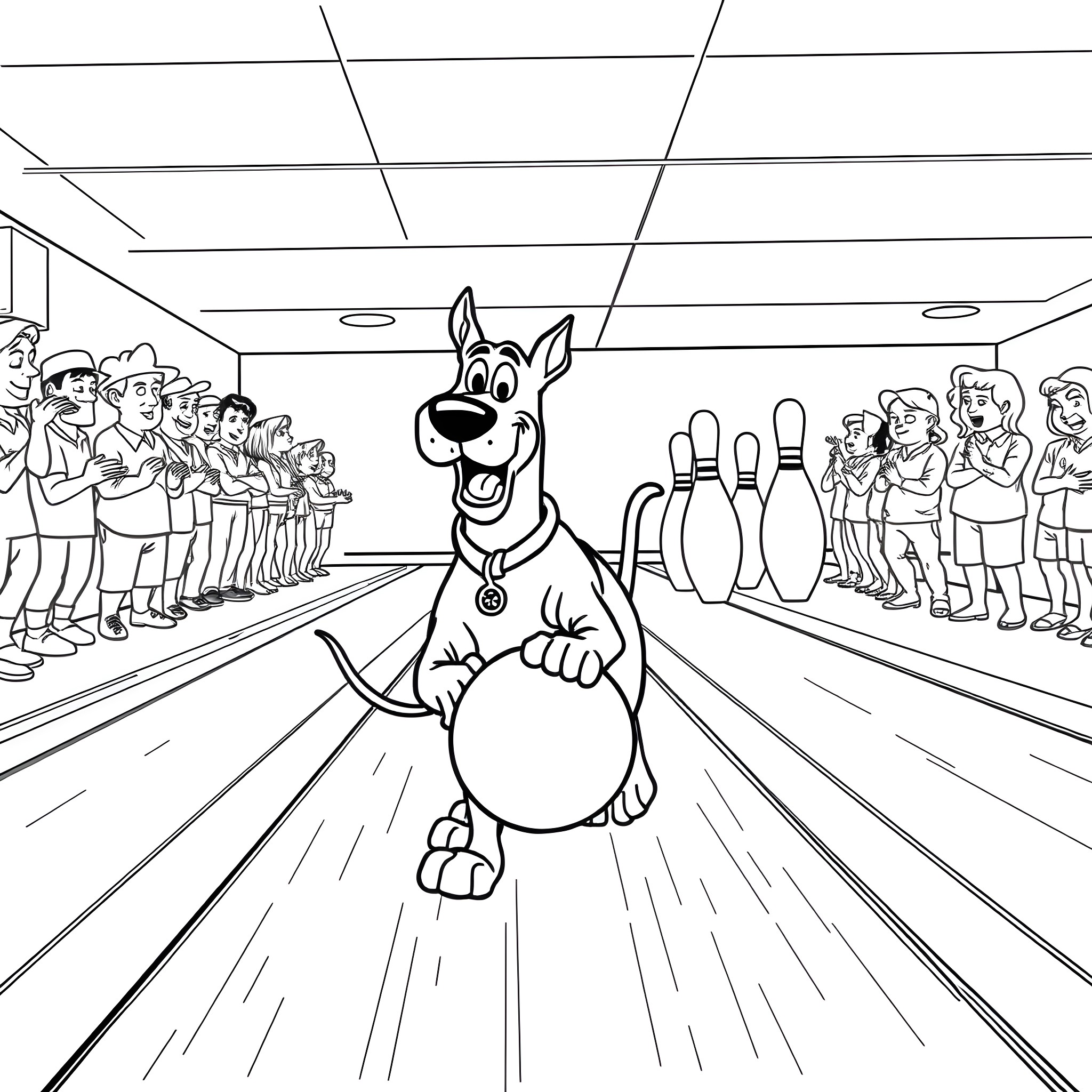 Scooby Doo's Bowling Adventure Coloring Page (free black-and-white line drawing printable PDF for all, from beginners to advanced learners, including children, teens, adults, and seniors)