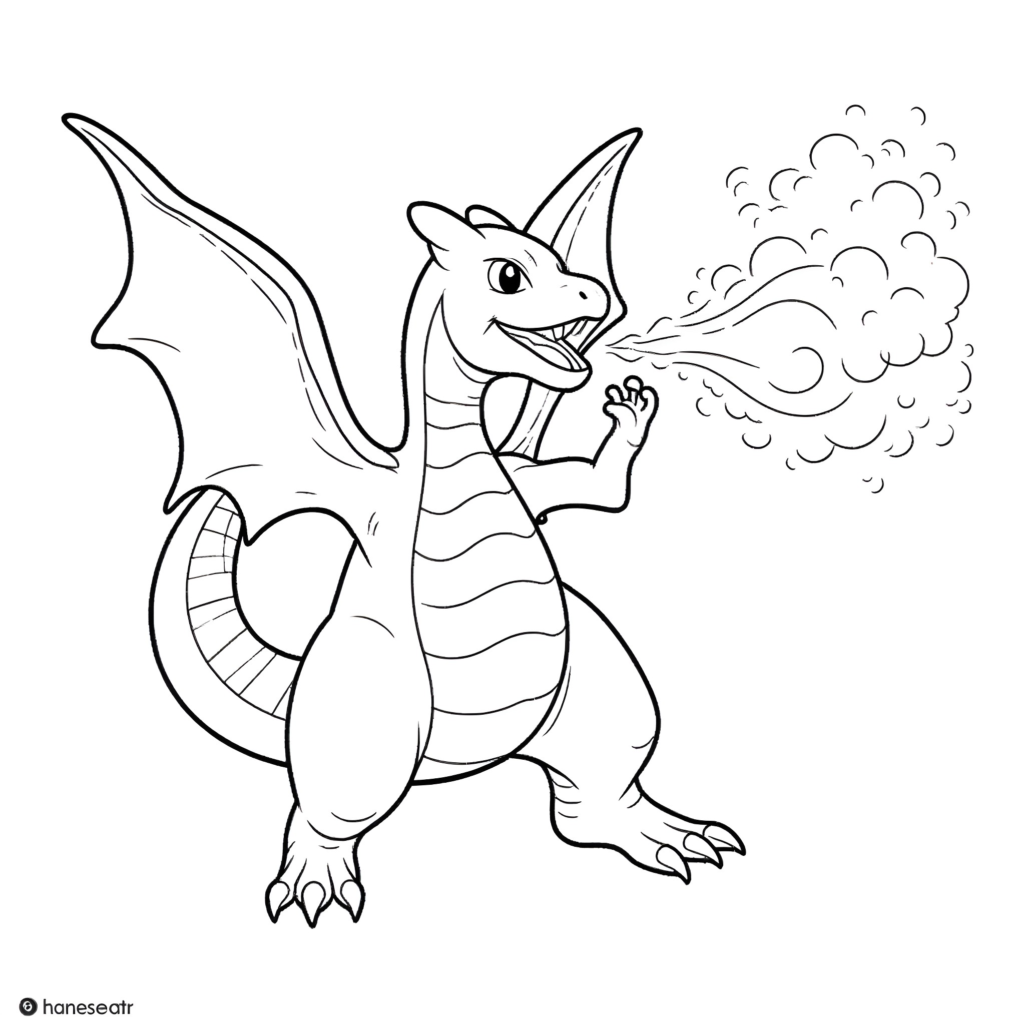 Charizard breathing fire in action Coloring Page (free black-and-white line drawing printable PDF for all, from beginners to advanced learners, including children, teens, adults, and seniors)