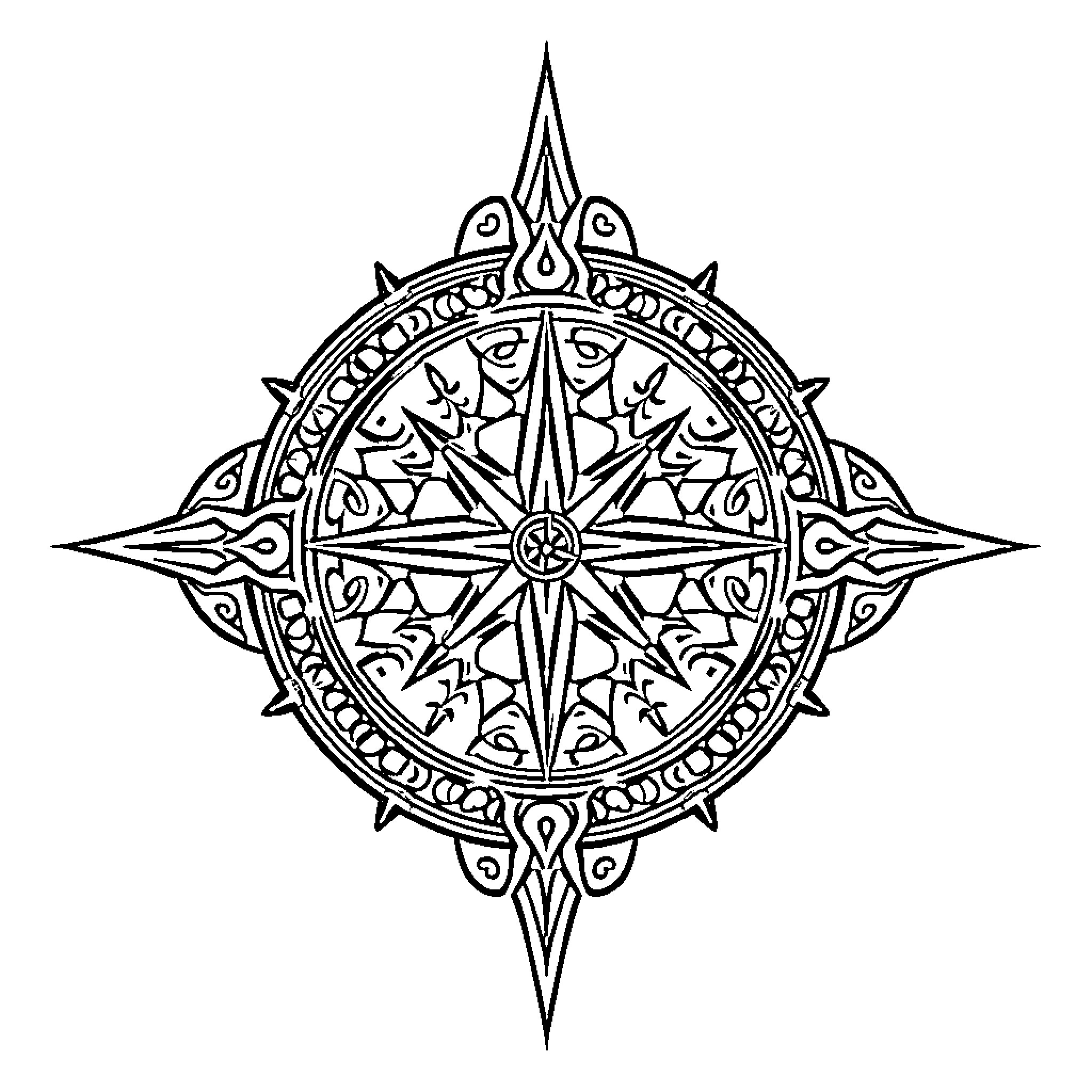 Compass with intricate ornamental design Coloring Page (free black-and-white line drawing printable PDF for all, from beginners to advanced learners, including children, teens, adults, and seniors)