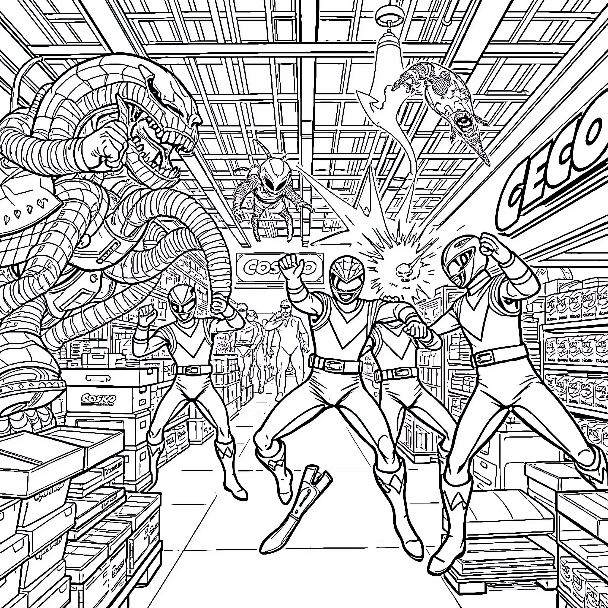 Power Rangers Battle Fierce Monsters in Intense Showdown Coloring Page (free black-and-white line drawing printable PDF for all, from beginners to advanced learners, including children, teens, adults, and seniors)