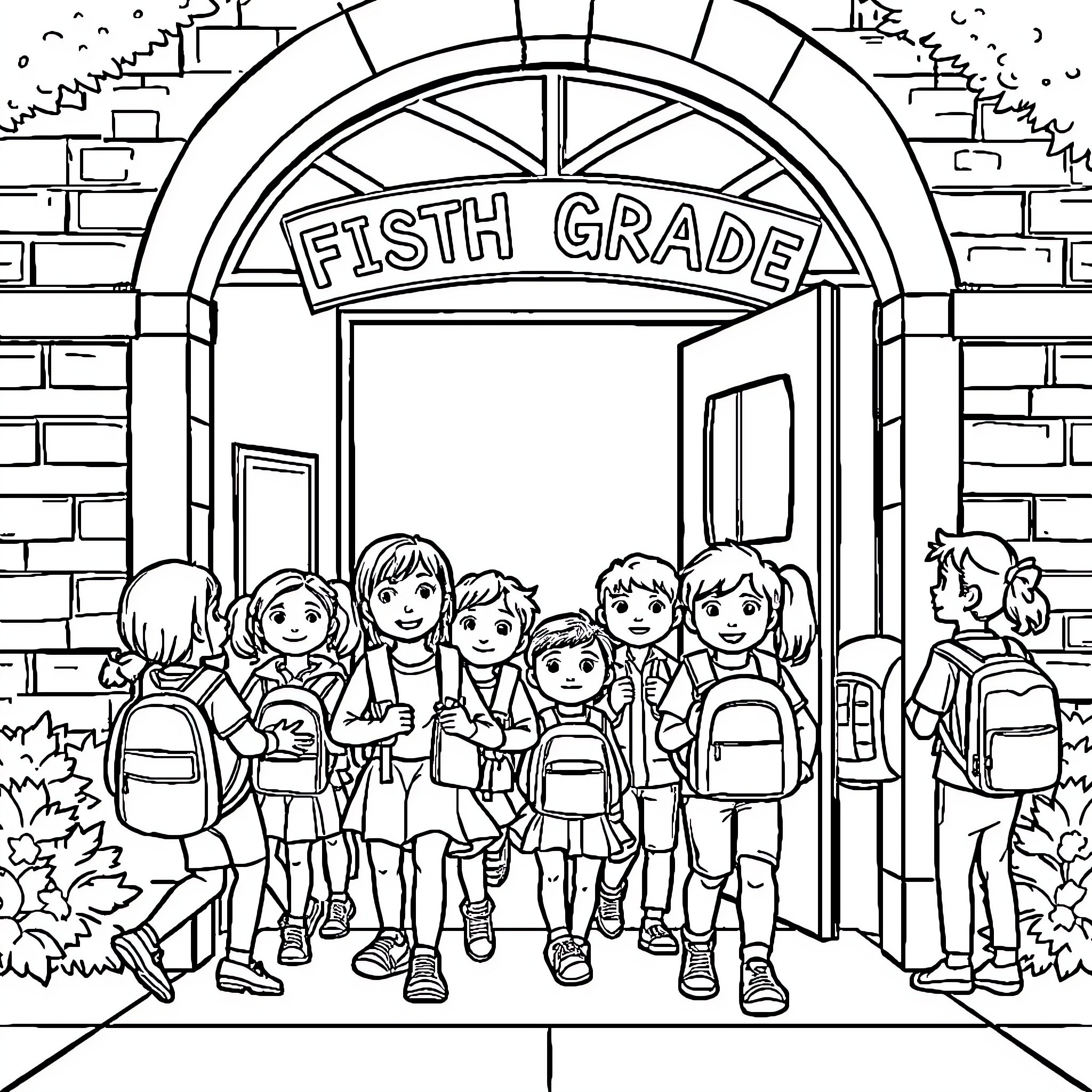 Fifth Grade Students Entering the School Building Coloring Page (free black-and-white line drawing printable PDF for all, from beginners to advanced learners, including children, teens, adults, and seniors)