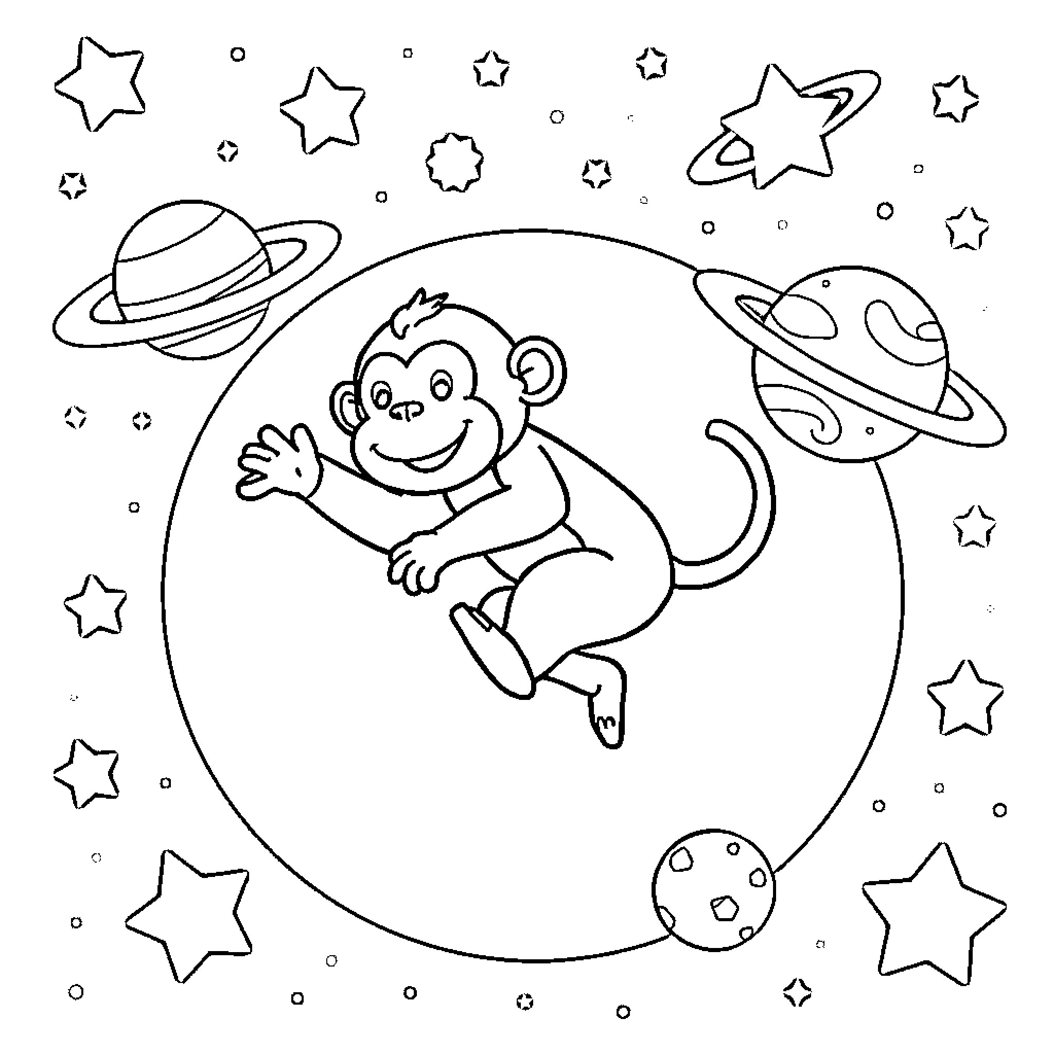 Monkey playing among the stars Coloring Page (free black-and-white line drawing printable PDF for all, from beginners to advanced learners, including children, teens, adults, and seniors)
