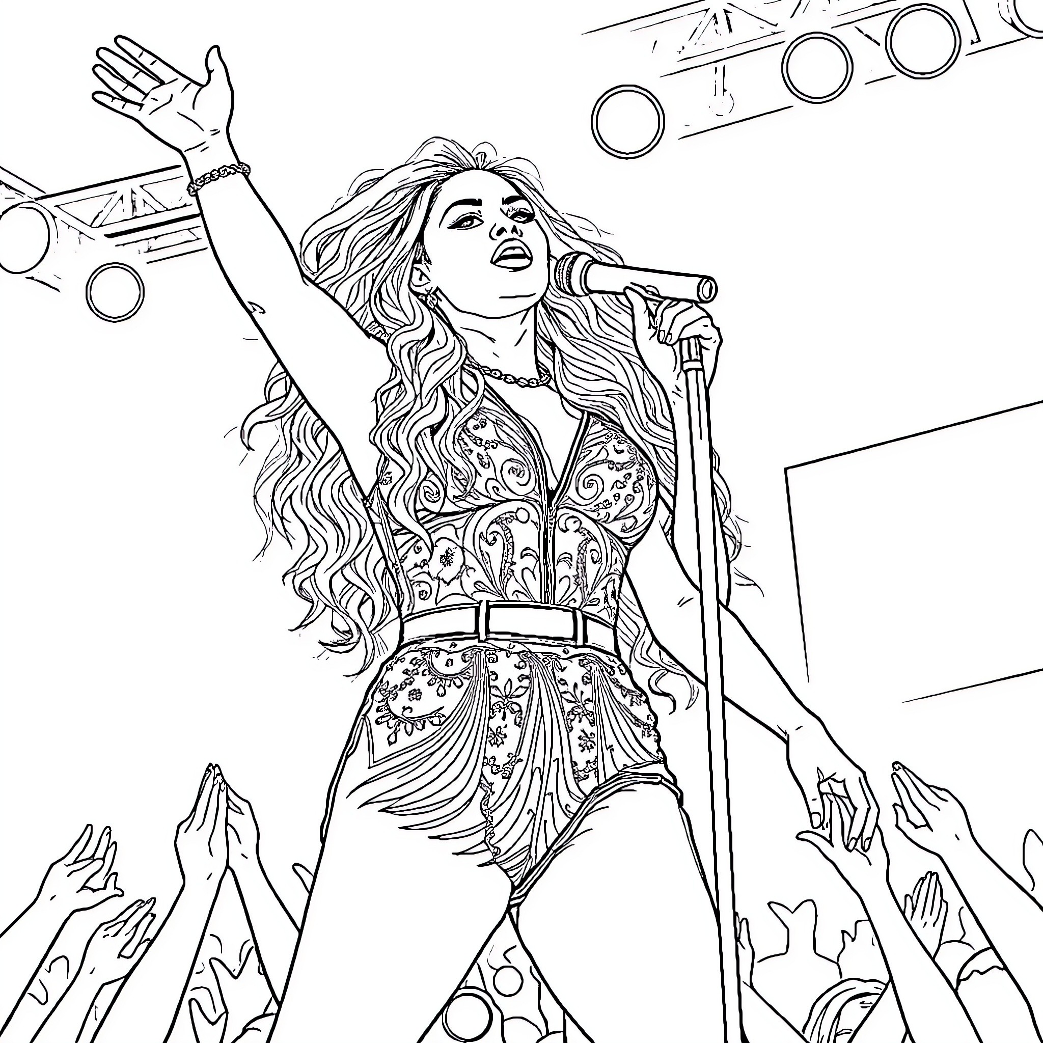 Beyonce Performing Energetically on Stage Coloring Page (free black-and-white line drawing printable PDF for all, from beginners to advanced learners, including children, teens, adults, and seniors)