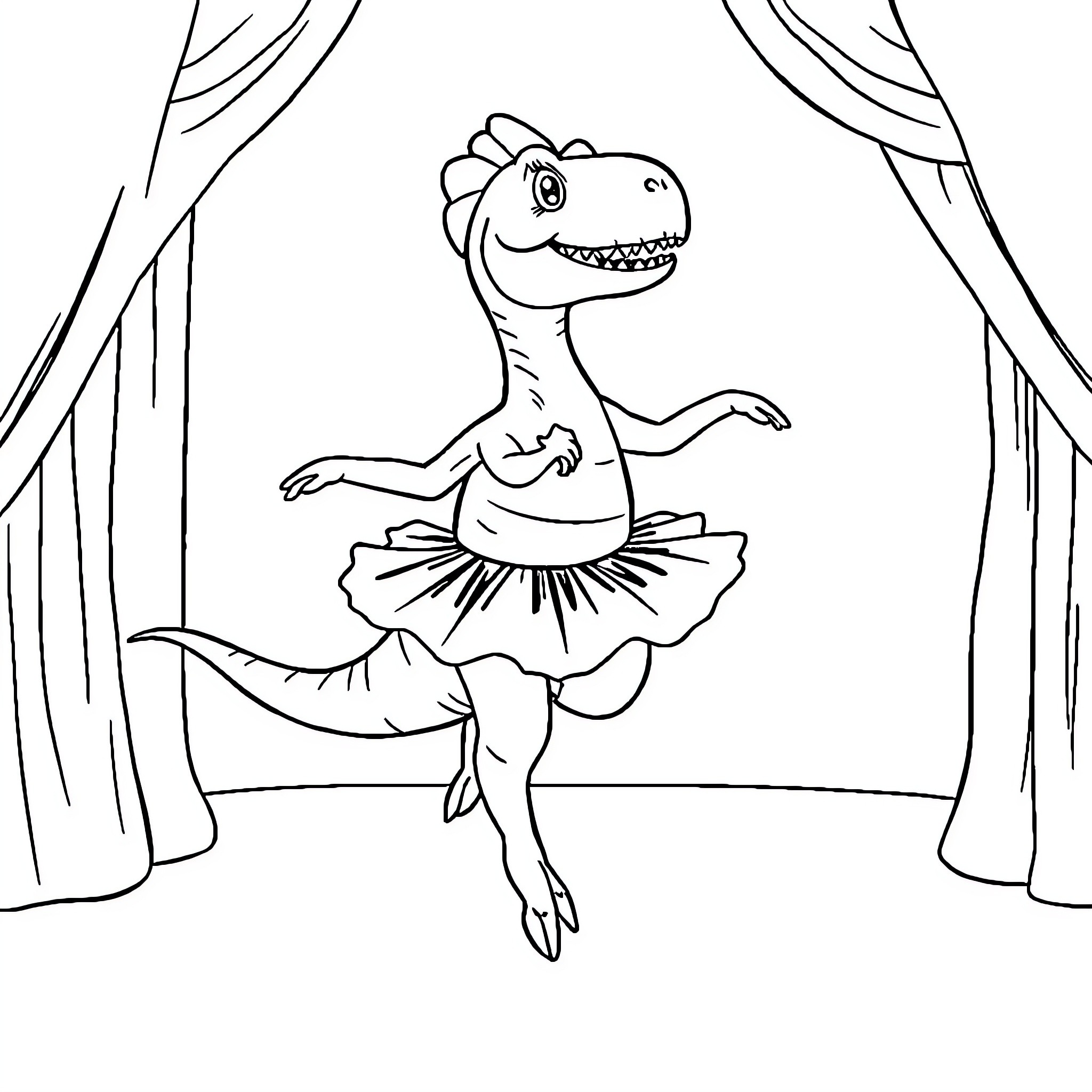 Dinosaur ballerina dancing on stage Coloring Page (free black-and-white line drawing printable PDF for all, from beginners to advanced learners, including children, teens, adults, and seniors)