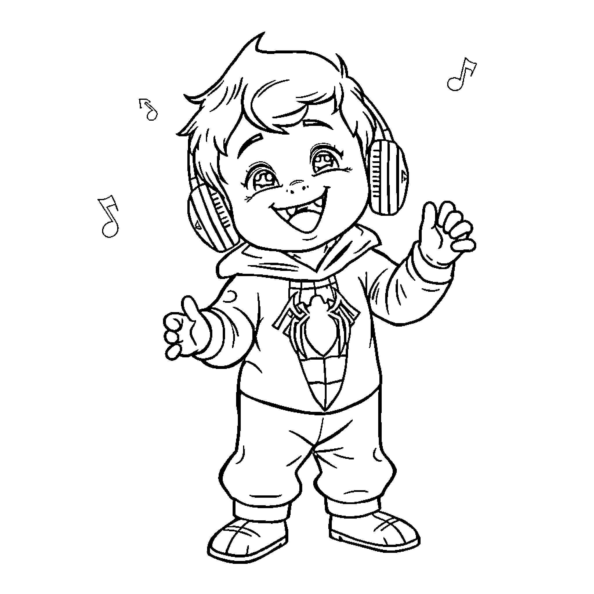 Spider-Man Jamming to Music with Headphones Coloring Page (free black-and-white line drawing printable PDF for all, from beginners to advanced learners, including children, teens, adults, and seniors)