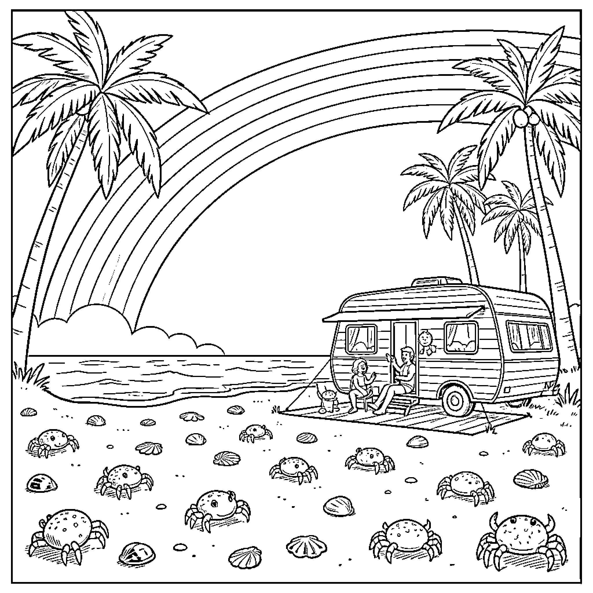 Rainbow Vacation at the Beachside with Camper Coloring Page (free black-and-white line drawing printable PDF for all, from beginners to advanced learners, including children, teens, adults, and seniors)