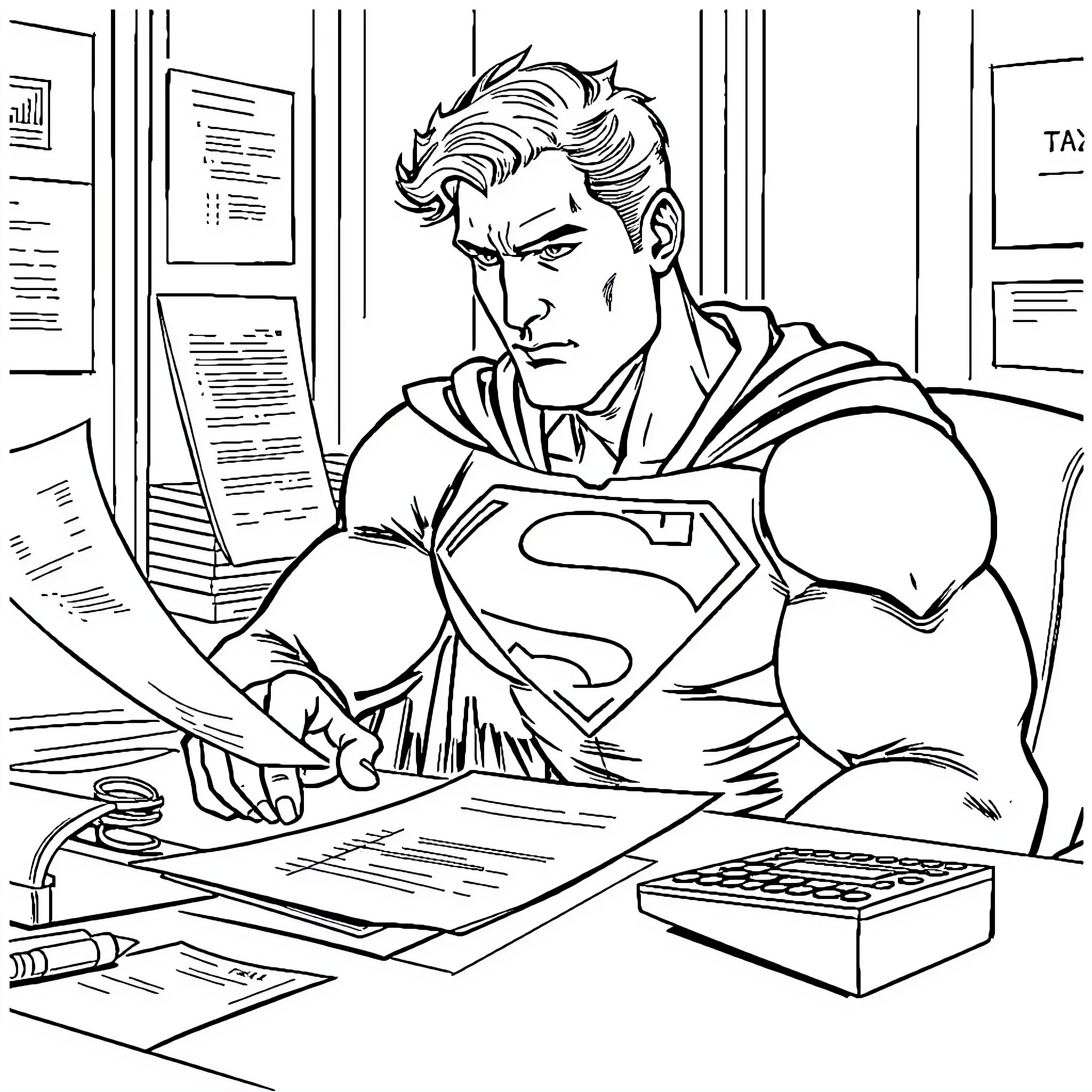 Superman working diligently at his desk Coloring Page (free black-and-white line drawing printable PDF for all, from beginners to advanced learners, including children, teens, adults, and seniors)