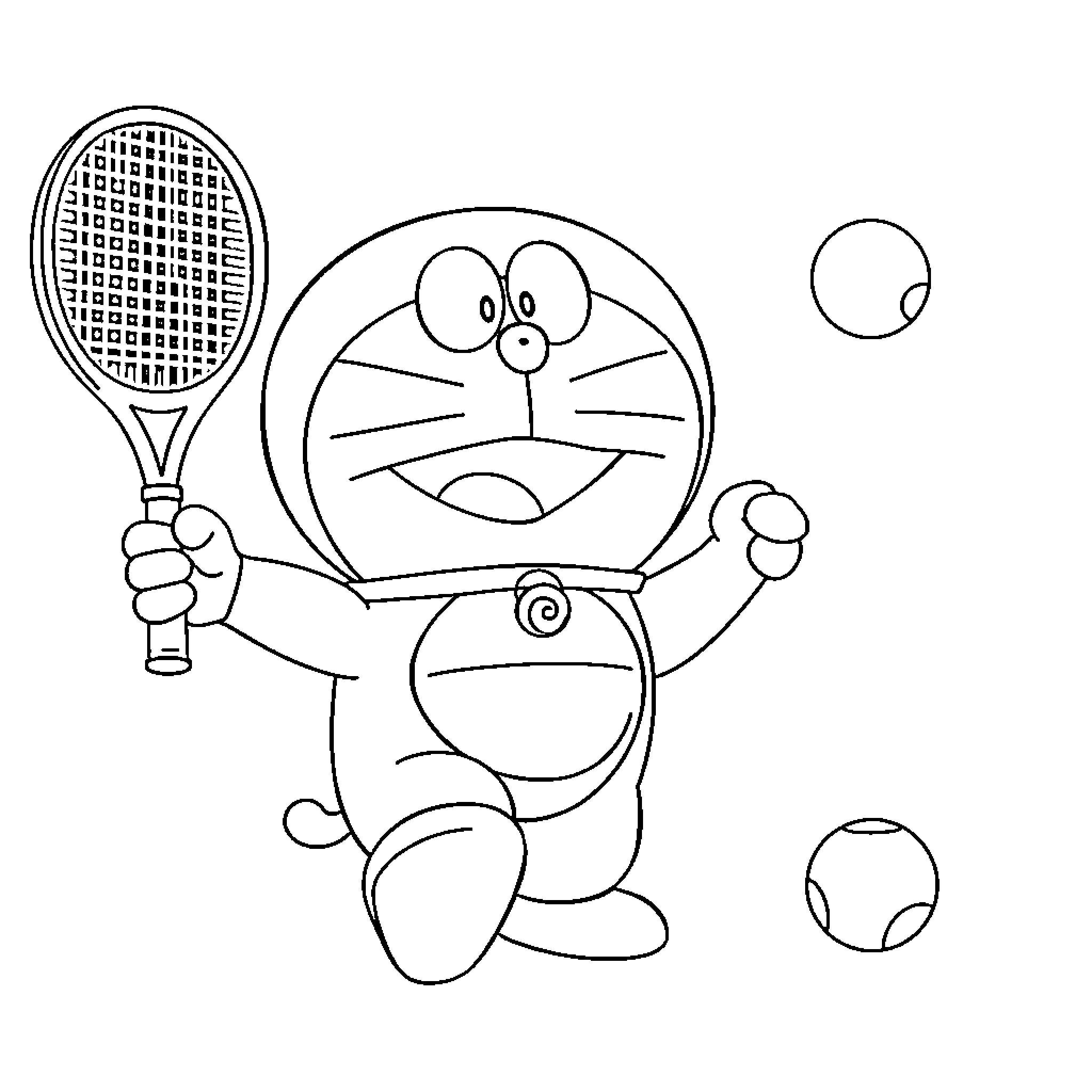 Doraemon playing tennis with balls Coloring Page (free black-and-white line drawing printable PDF for all, from beginners to advanced learners, including children, teens, adults, and seniors)