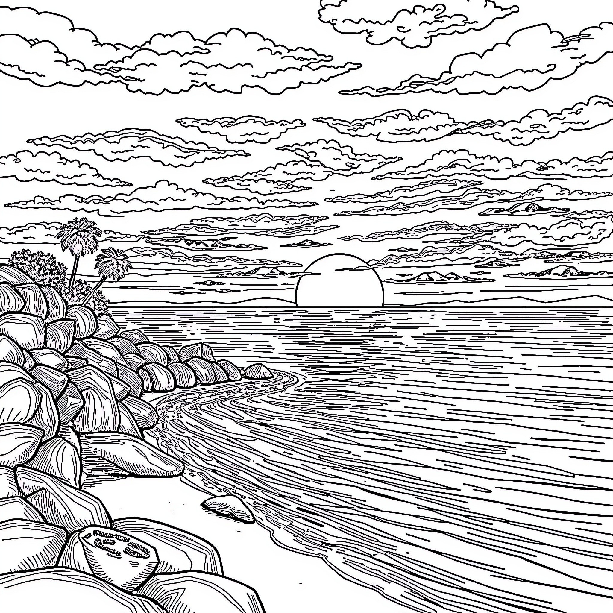Sunset scenery with waves crashing on rocks Coloring Page (free black-and-white line drawing printable PDF for all, from beginners to advanced learners, including children, teens, adults, and seniors)