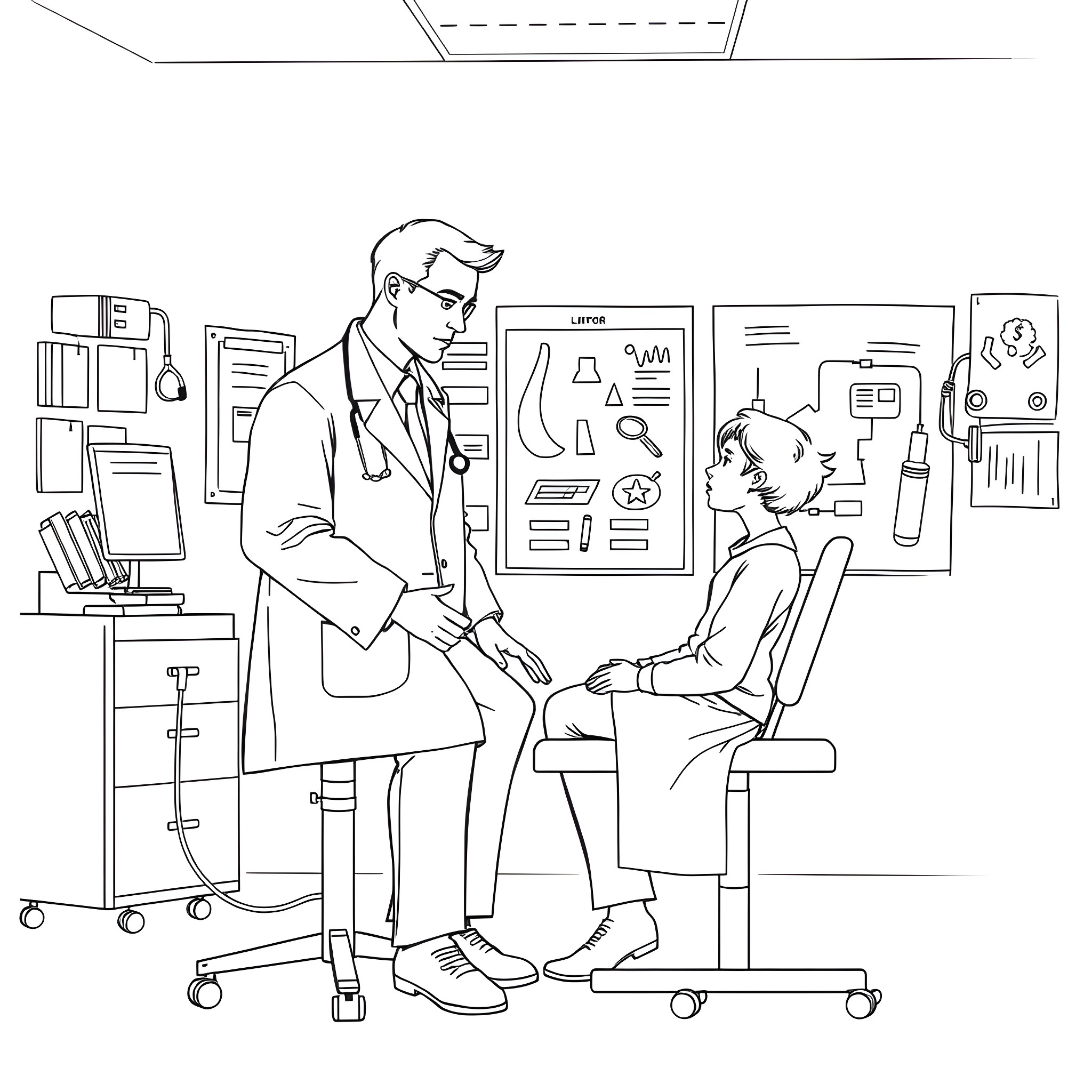 Doctor Examining Patient in Medical Office Coloring Page (free black-and-white line drawing printable PDF for all, from beginners to advanced learners, including children, teens, adults, and seniors)