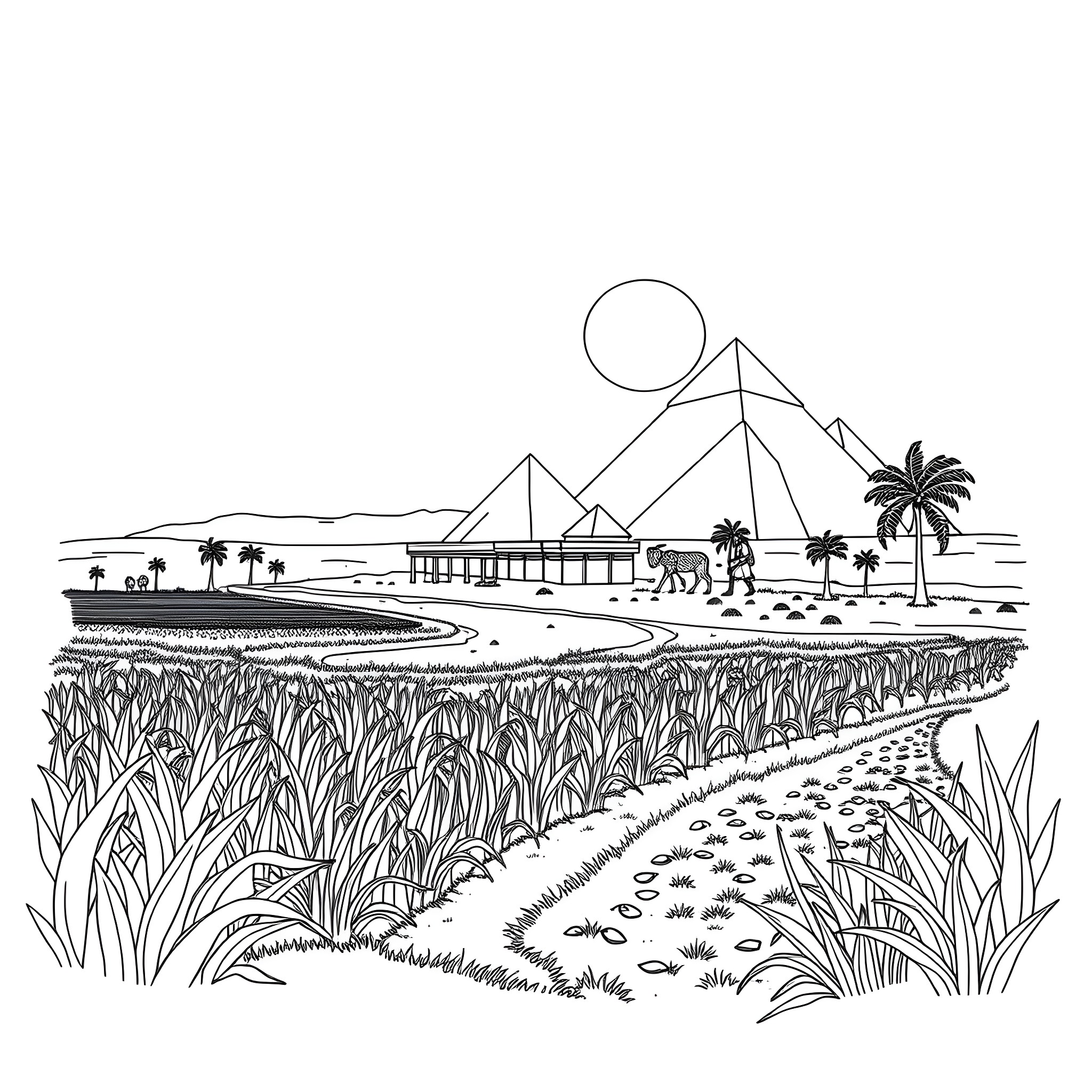 Farm Scene with Palm Trees and Pyramids Coloring Page (free black-and-white line drawing printable PDF for all, from beginners to advanced learners, including children, teens, adults, and seniors)