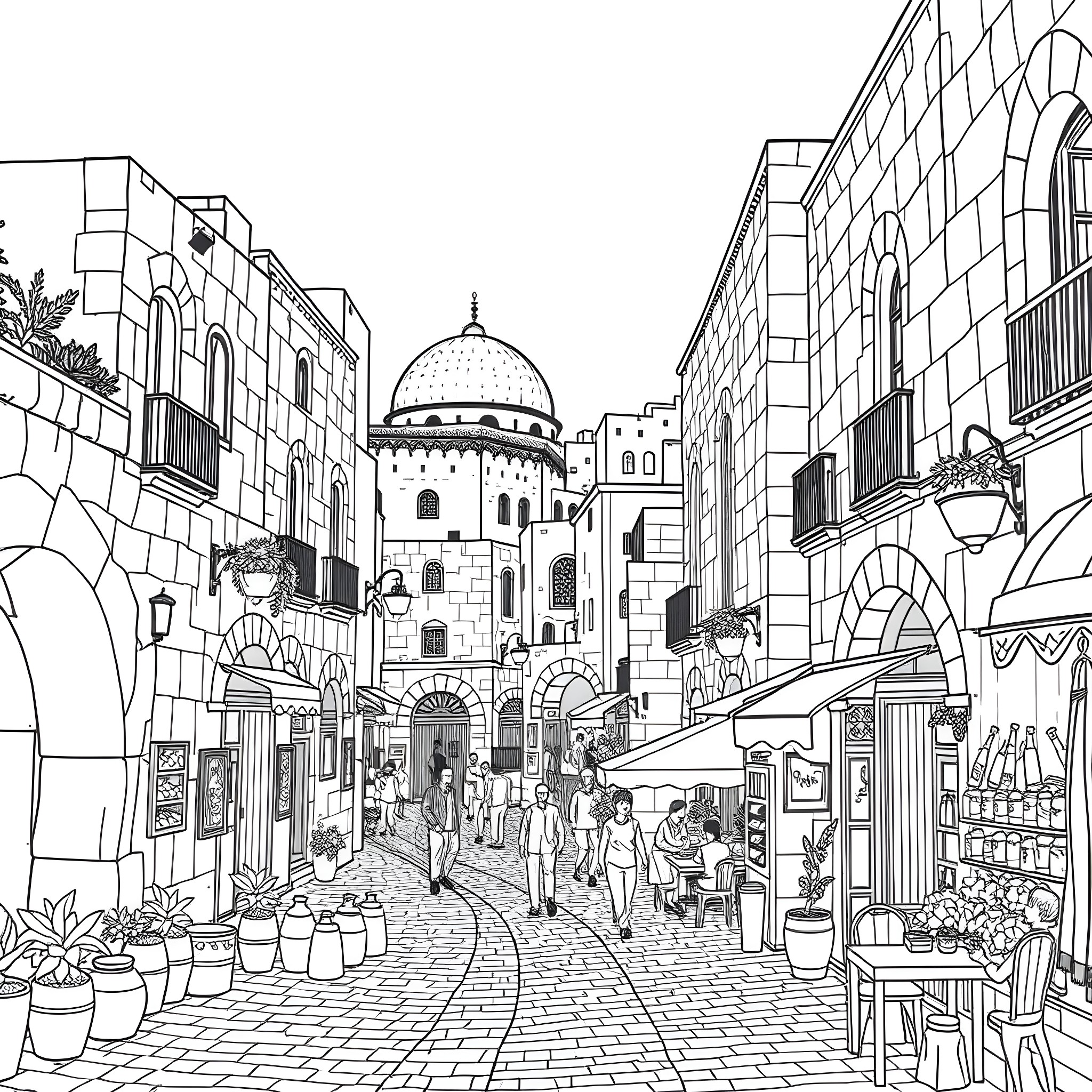 Jerusalem street scene with bustling market and historic architecture Coloring Page (free black-and-white line drawing printable PDF for all, from beginners to advanced learners, including children, teens, adults, and seniors)