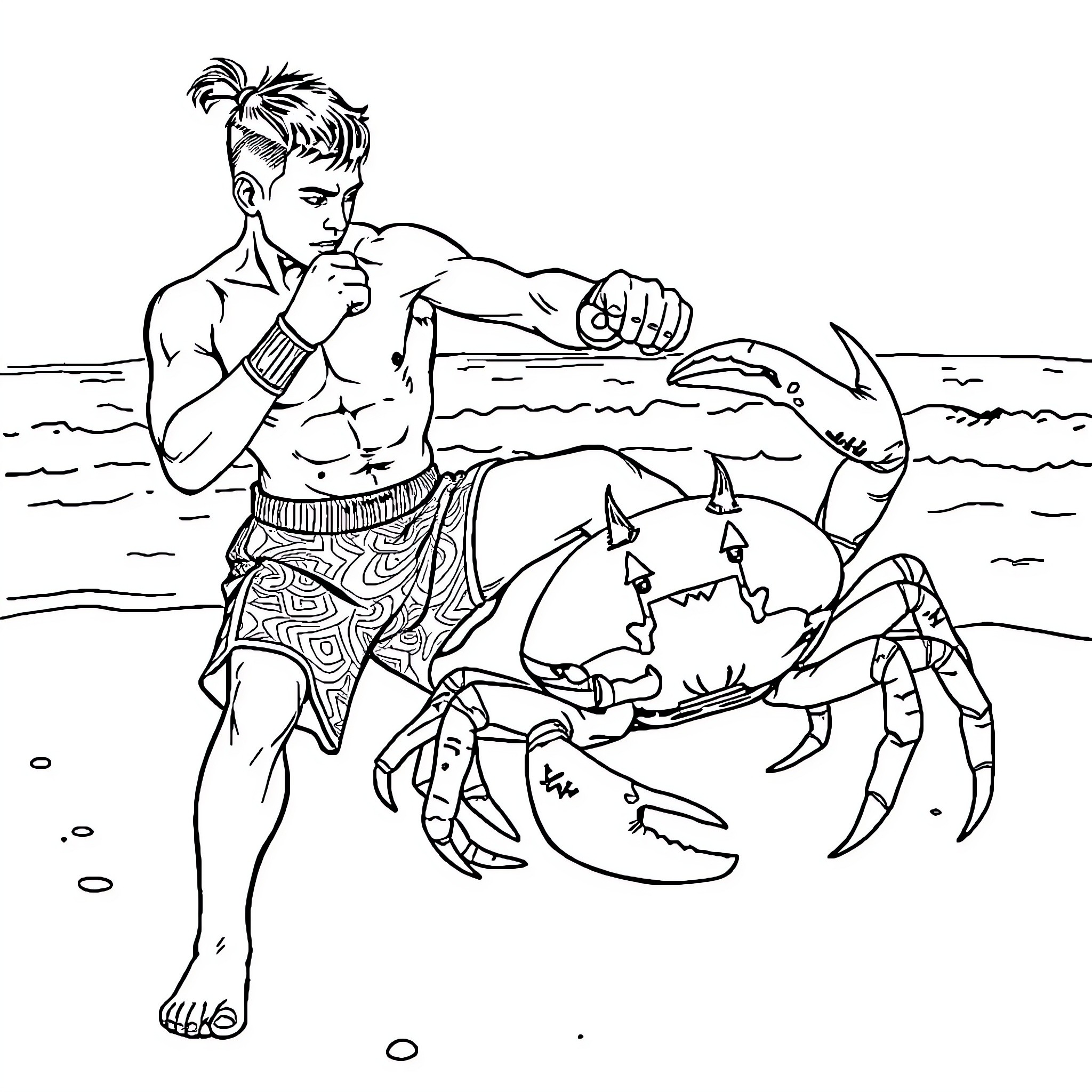 Muay Thai Fighter Confronting a Giant Crab on the Beach Coloring Page (free black-and-white line drawing printable PDF for all, from beginners to advanced learners, including children, teens, adults, and seniors)