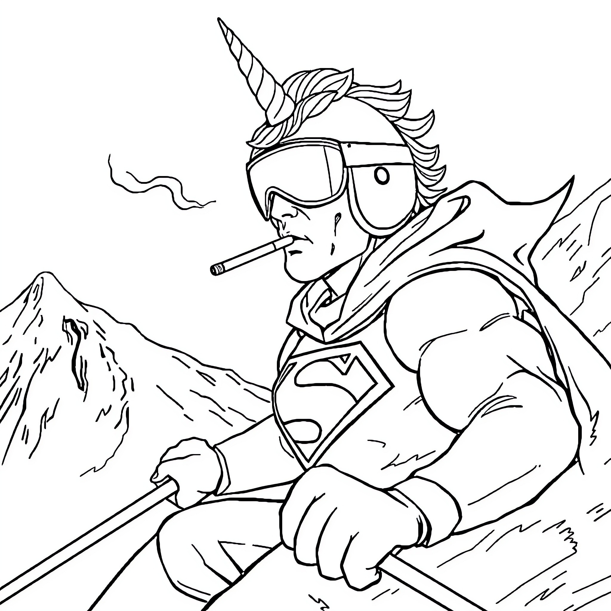 Superman in a Unicorn Costume Bravely Facing Challenges Coloring Page (free black-and-white line drawing printable PDF for all, from beginners to advanced learners, including children, teens, adults, and seniors)