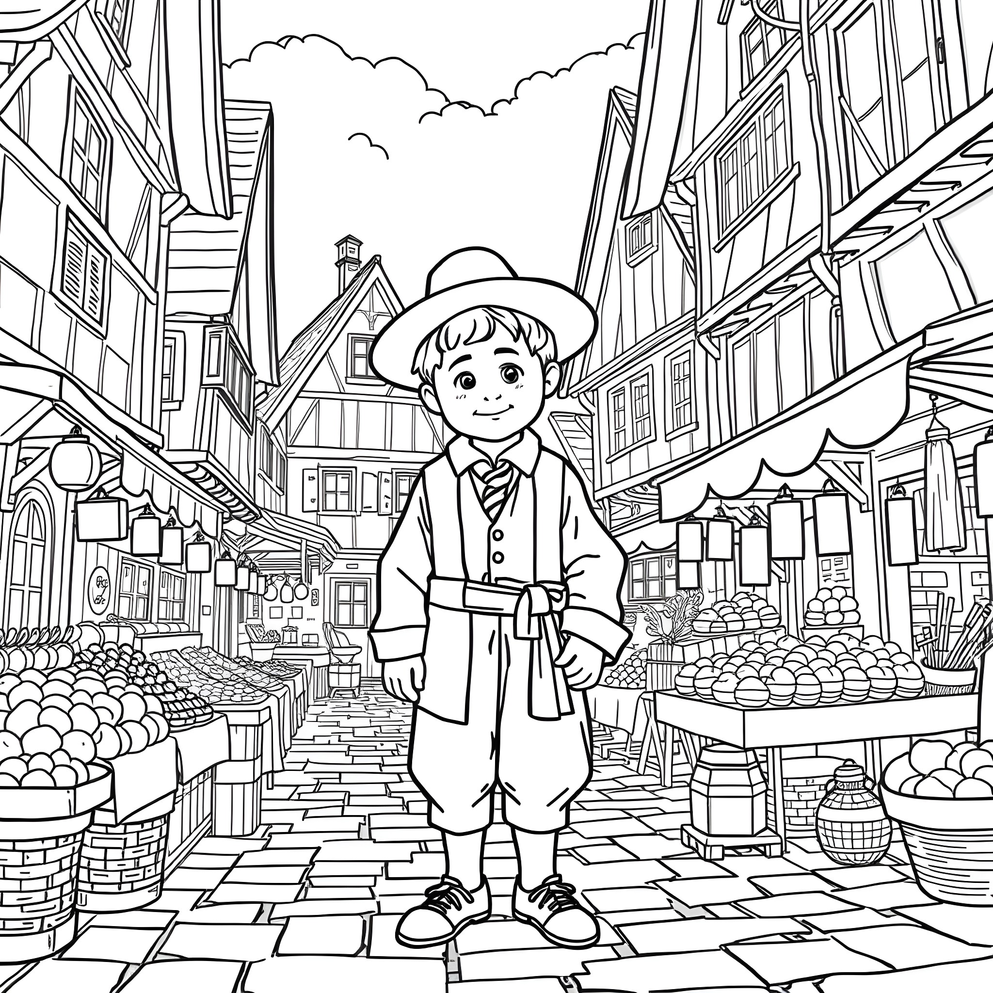 Boy in vintage outfit exploring a lively marketplace Coloring Page (free black-and-white line drawing printable PDF for all, from beginners to advanced learners, including children, teens, adults, and seniors)