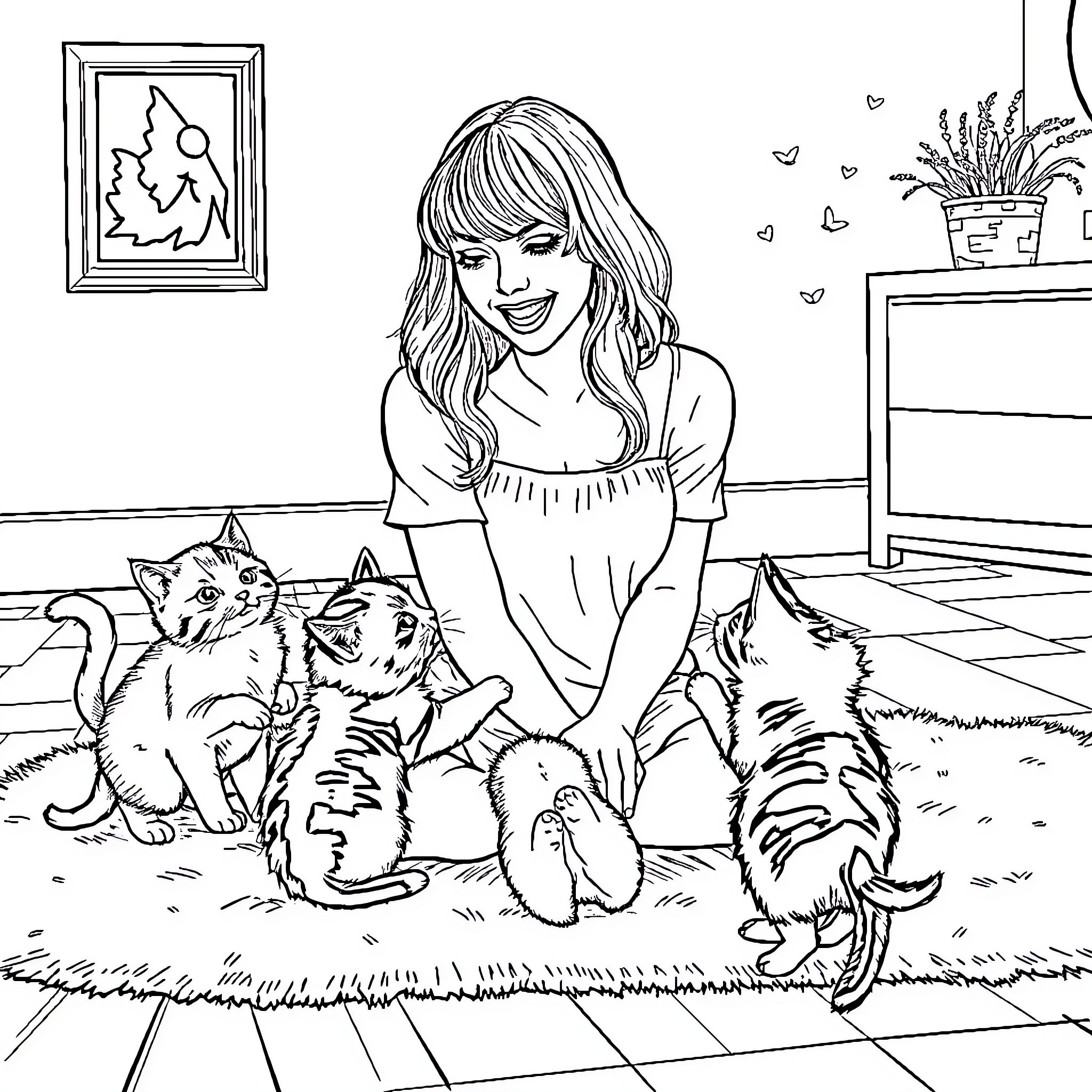 Taylor Swift surrounded by playful kittens in her cozy home Coloring Page (free black-and-white line drawing printable PDF for all, from beginners to advanced learners, including children, teens, adults, and seniors)