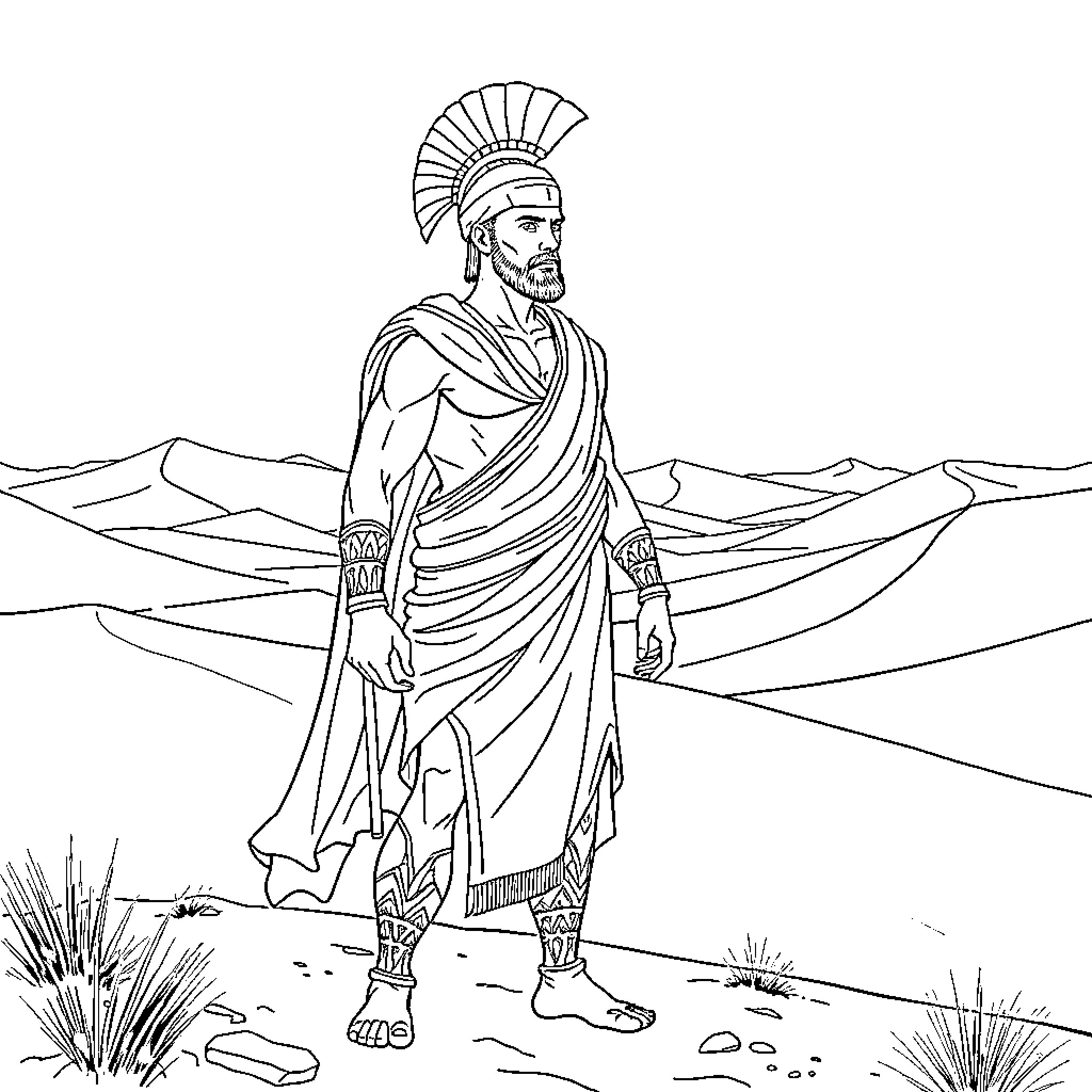 Achilles, the Heroic Warrior in the Desert Landscape Coloring Page (free black-and-white line drawing printable PDF for all, from beginners to advanced learners, including children, teens, adults, and seniors)