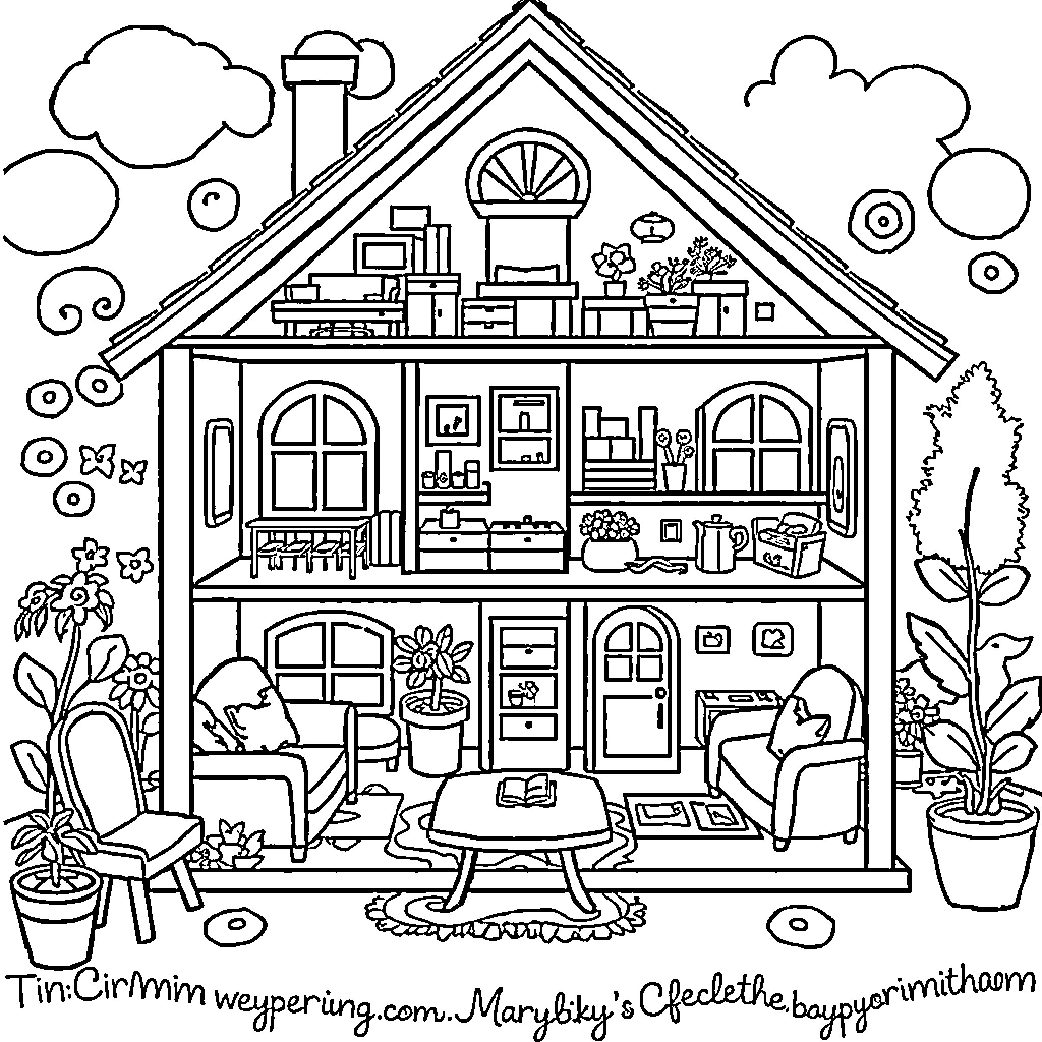 Dollhouse showcasing detailed interior rooms and furnishings Coloring Page (free black-and-white line drawing printable PDF for all, from beginners to advanced learners, including children, teens, adults, and seniors)