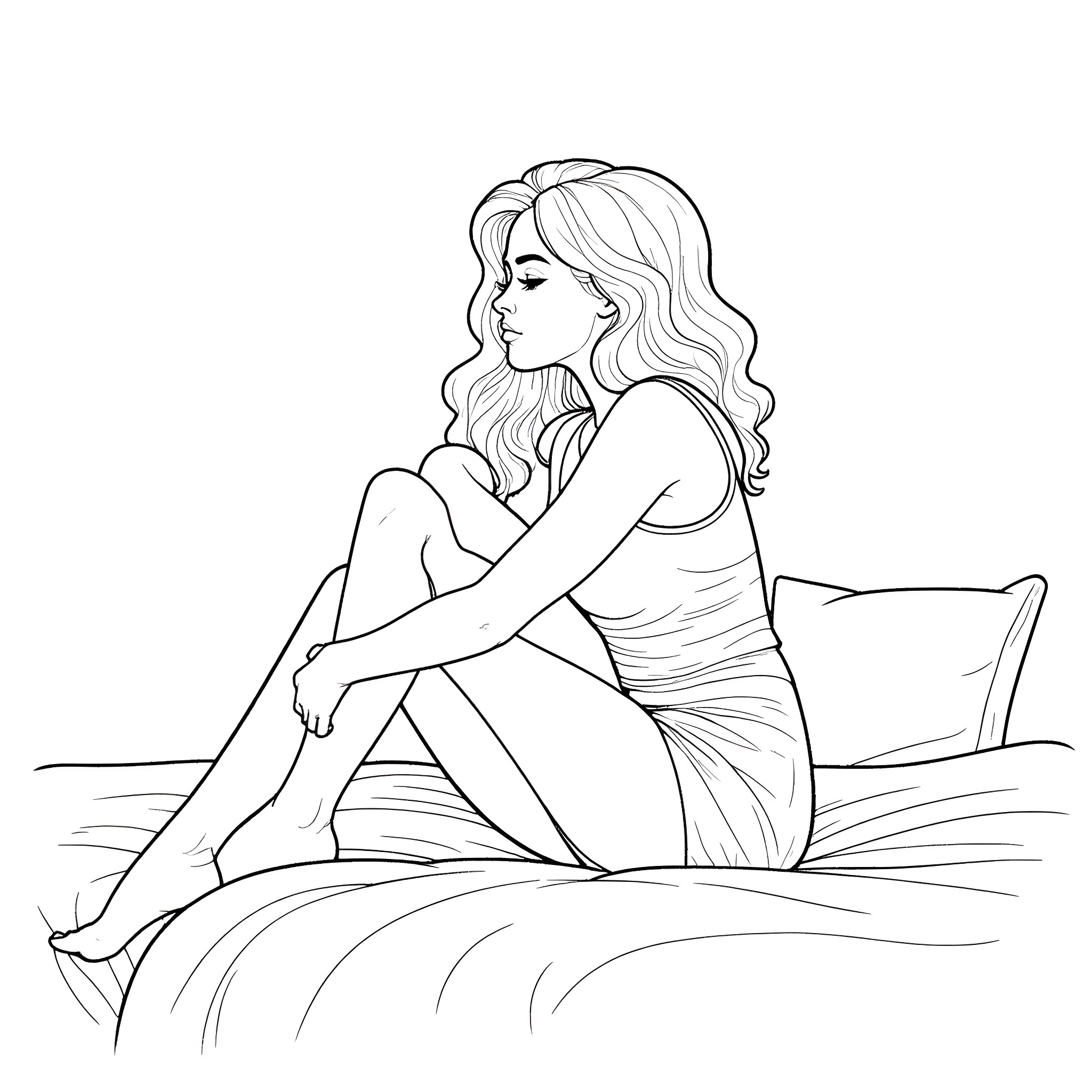 Jennette McCurdy in a contemplative pose Coloring Page (free black-and-white line drawing printable PDF for all, from beginners to advanced learners, including children, teens, adults, and seniors)