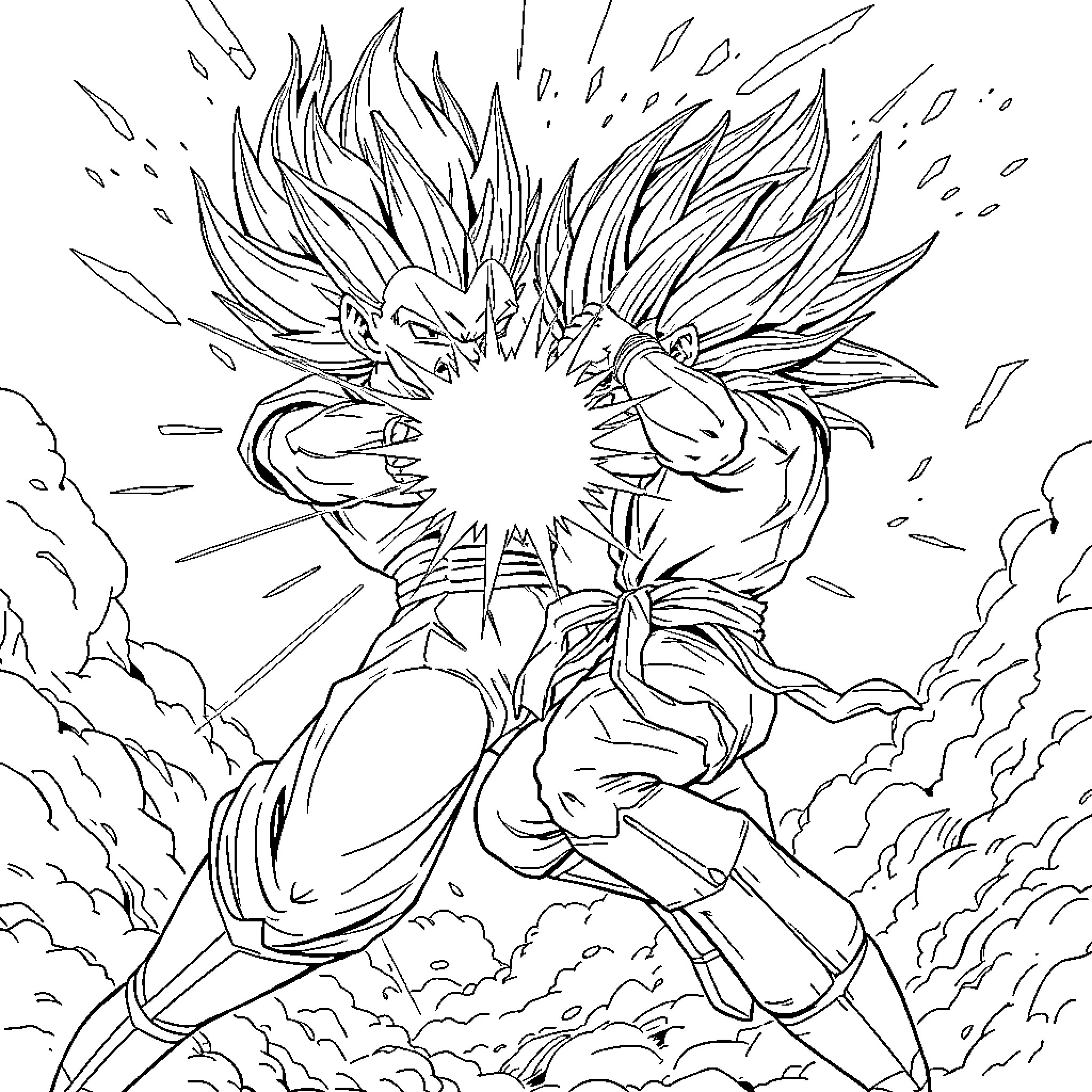 Vegeta's Intense Super Saiyan Transformation Coloring Page (free black-and-white line drawing printable PDF for all, from beginners to advanced learners, including children, teens, adults, and seniors)