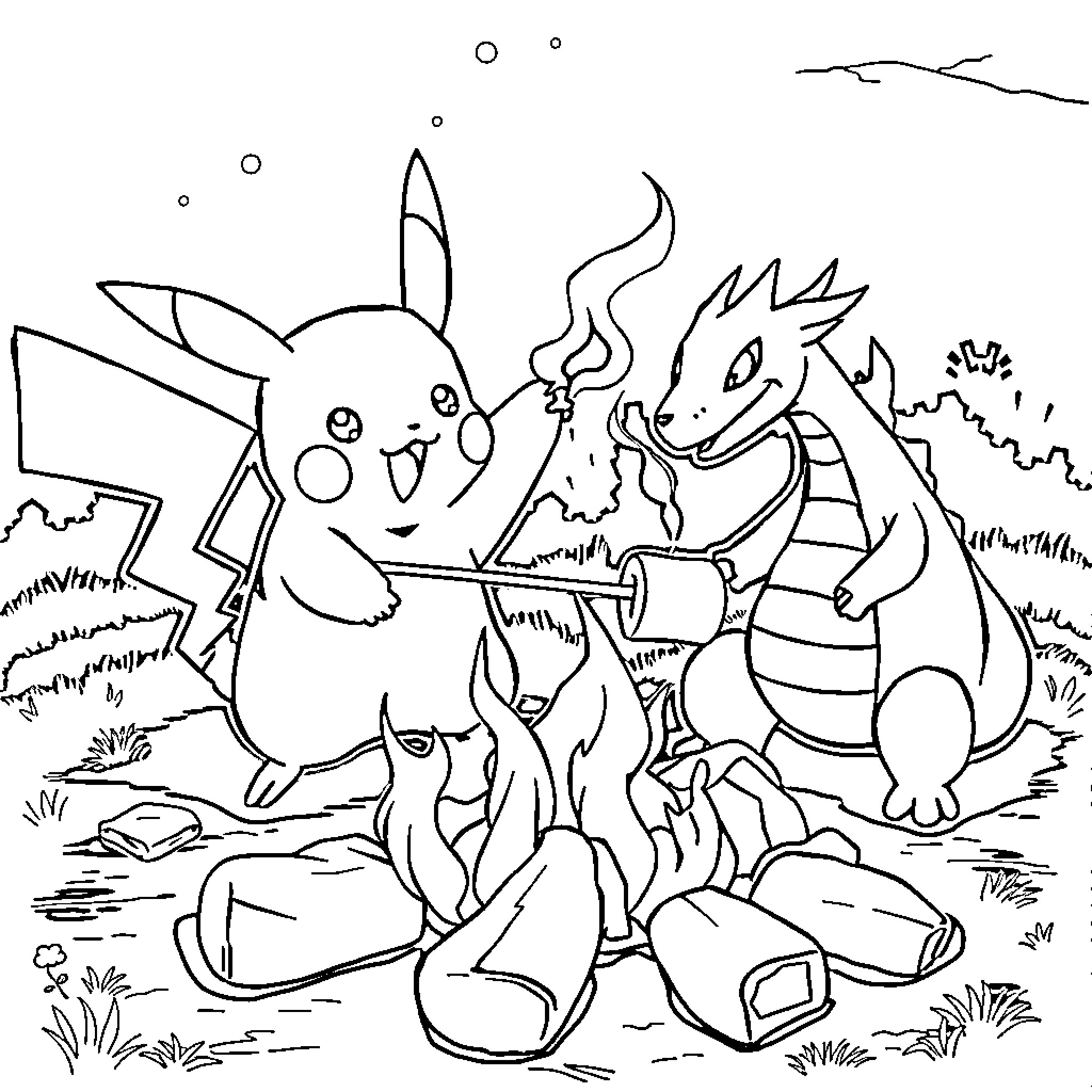Pikachu and Charizard Adventuring Together Coloring Page (free black-and-white line drawing printable PDF for all, from beginners to advanced learners, including children, teens, adults, and seniors)