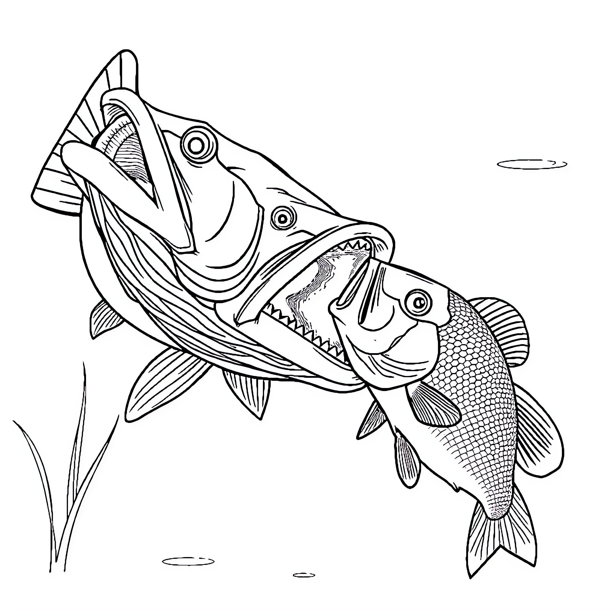 Fish chasing prey with open mouth Coloring Page (free black-and-white line drawing printable PDF for all, from beginners to advanced learners, including children, teens, adults, and seniors)