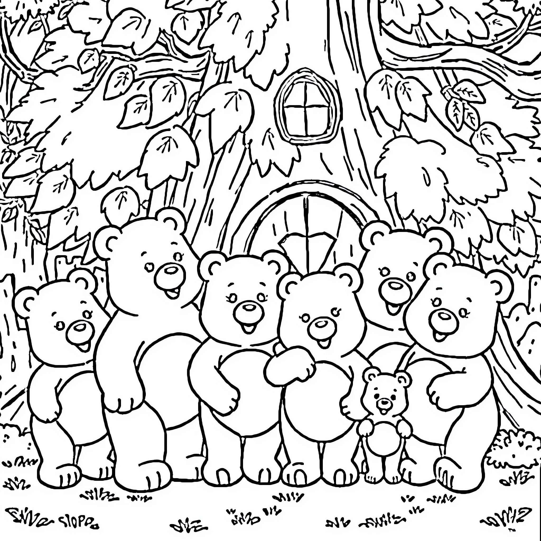 Gummy Bear Family in Forested Scene Coloring Page (free black-and-white line drawing printable PDF for all, from beginners to advanced learners, including children, teens, adults, and seniors)