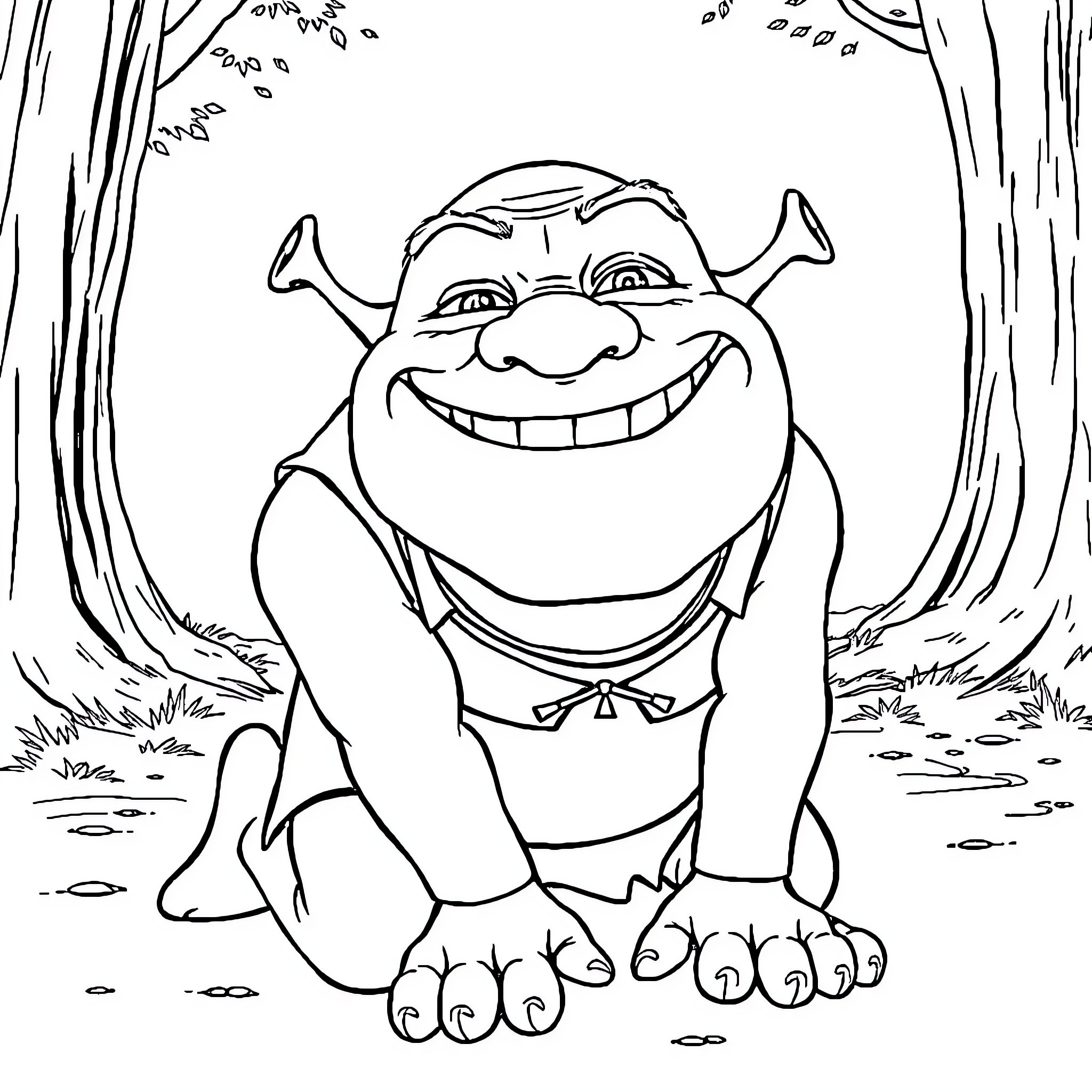 Shrek smiling happily in the forest Coloring Page (free black-and-white line drawing printable PDF for all, from beginners to advanced learners, including children, teens, adults, and seniors)