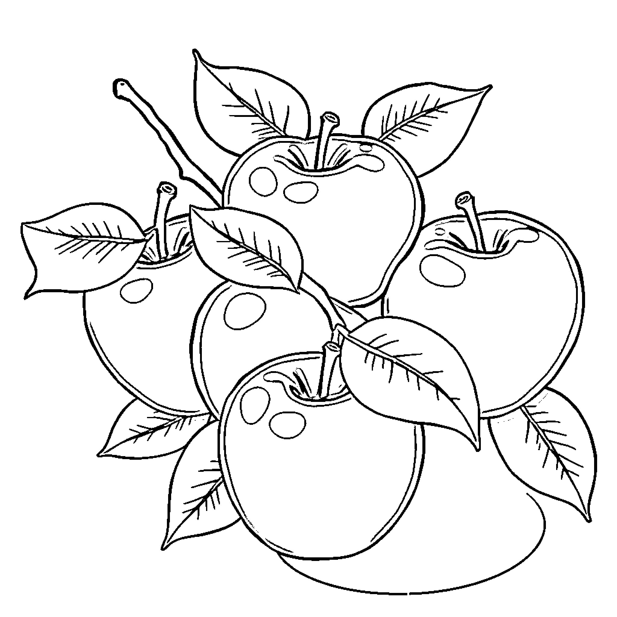 Apple Orchard with Illustrated Apples Coloring Page (free black-and-white line drawing printable PDF for all, from beginners to advanced learners, including children, teens, adults, and seniors)