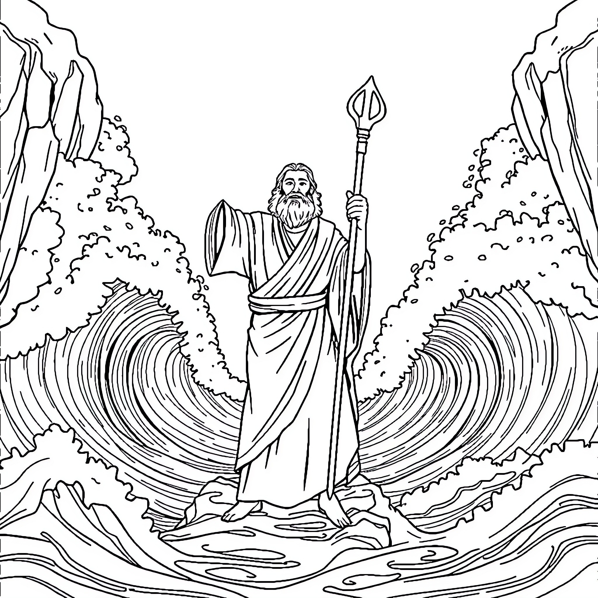 Moses Dividing the Seas with His Staff Coloring Page (free black-and-white line drawing printable PDF for all, from beginners to advanced learners, including children, teens, adults, and seniors)