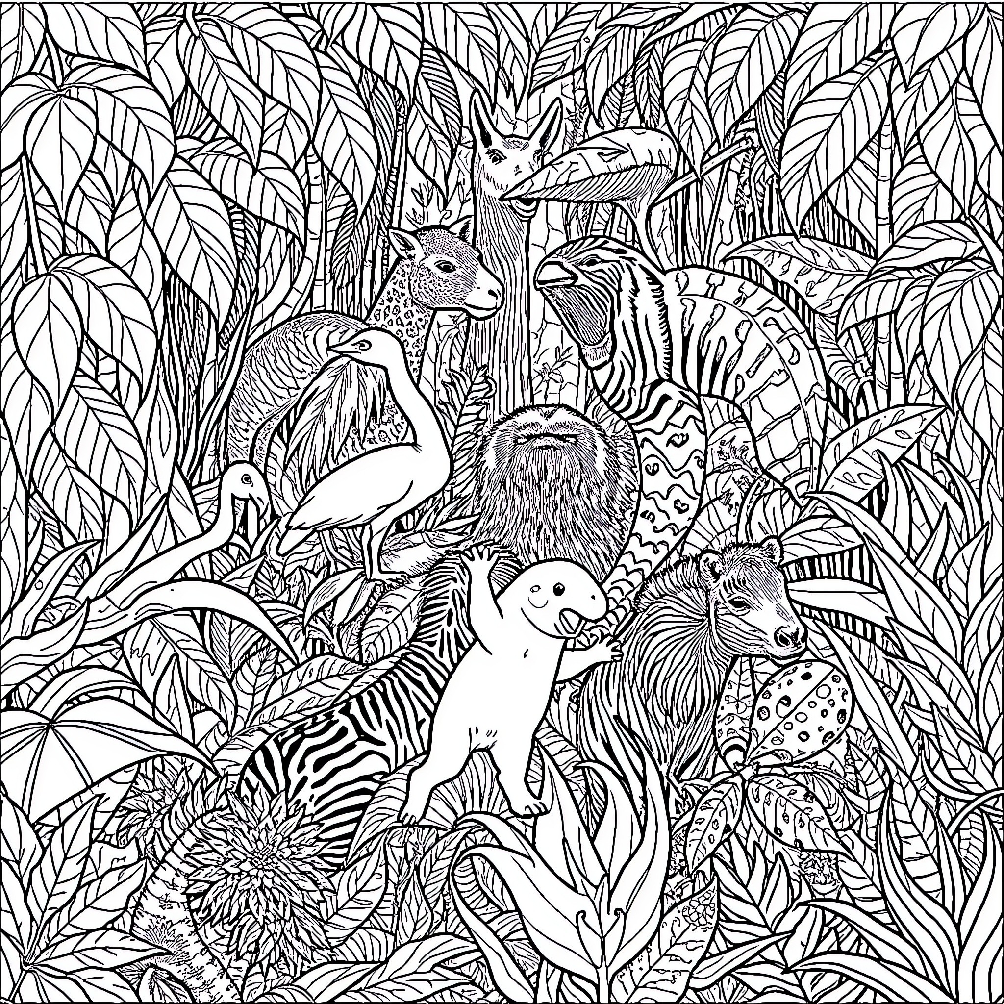 Animal Creatures in Lush Jungle Habitat Coloring Page (free black-and-white line drawing printable PDF for all, from beginners to advanced learners, including children, teens, adults, and seniors)