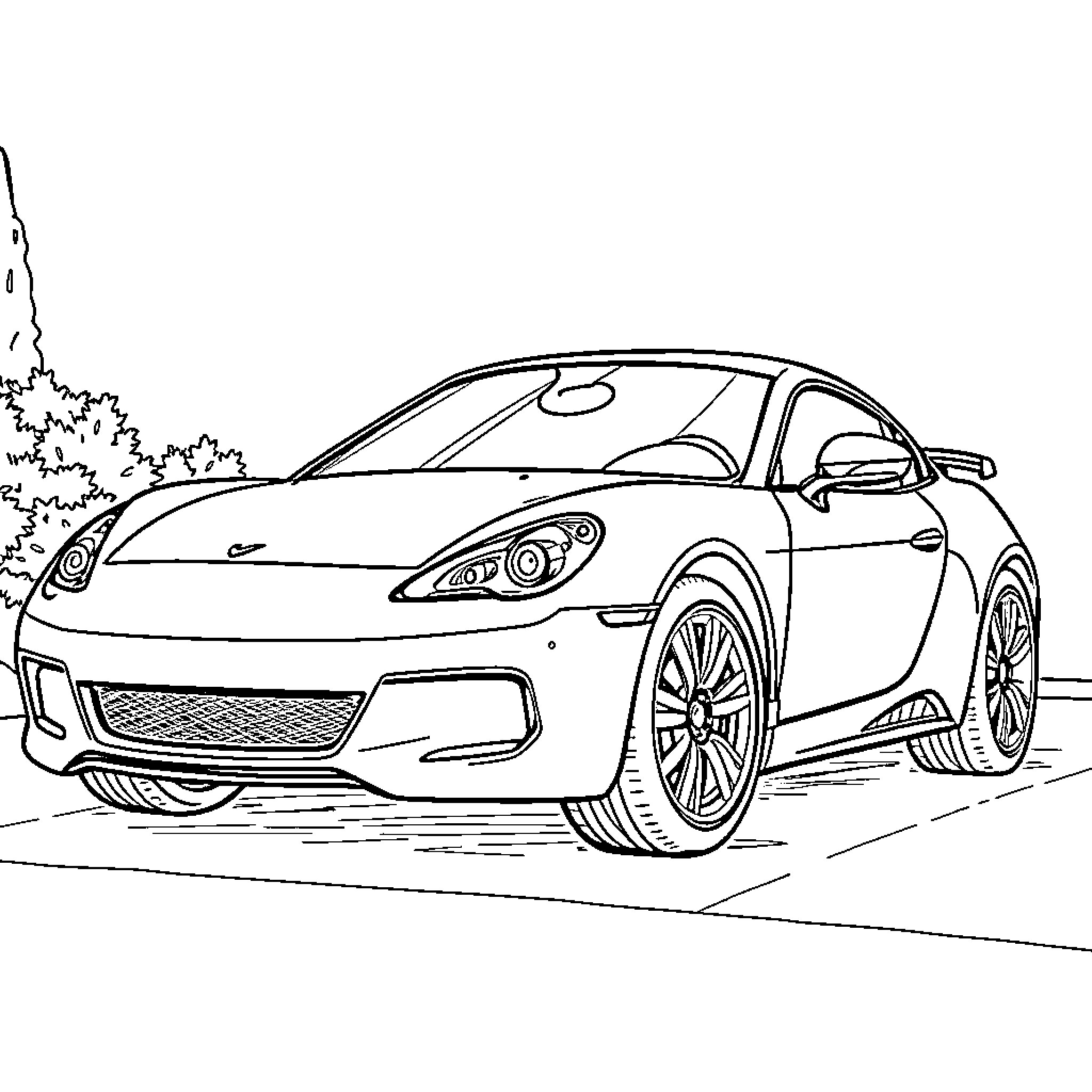 Car parked on road with nature backdrop Coloring Page (free black-and-white line drawing printable PDF for all, from beginners to advanced learners, including children, teens, adults, and seniors)