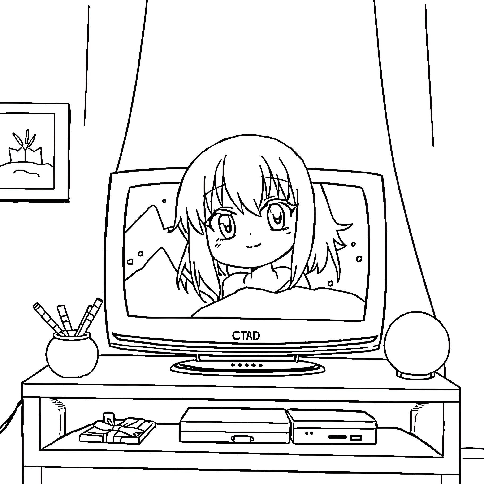 Anime Girl Appears on Computer Screen Coloring Page (free black-and-white line drawing printable PDF for all, from beginners to advanced learners, including children, teens, adults, and seniors)