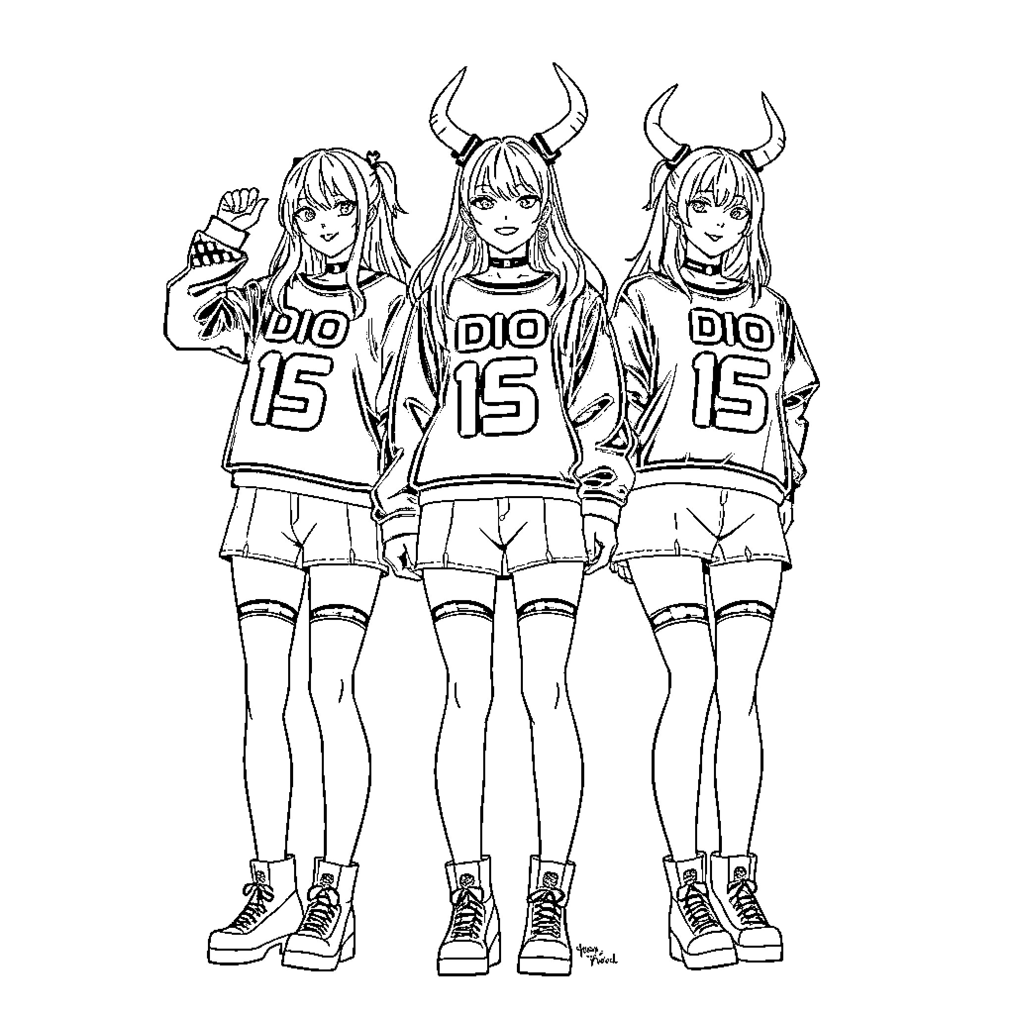 Kpop Idol Trio in Stylish Uniforms Coloring Page (free black-and-white line drawing printable PDF for all, from beginners to advanced learners, including children, teens, adults, and seniors)