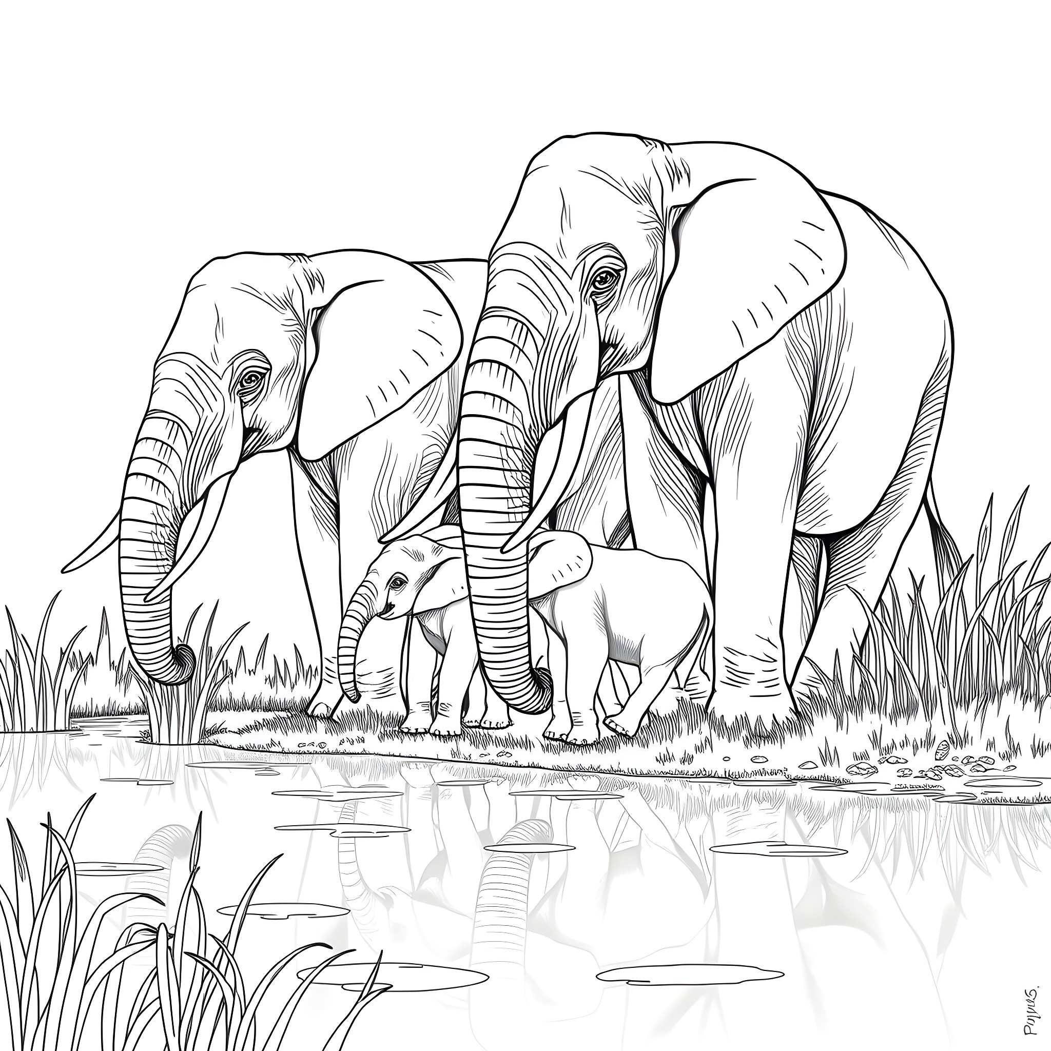Elephant Family Gathering by the Watering Hole Coloring Page (free black-and-white line drawing printable PDF for all, from beginners to advanced learners, including children, teens, adults, and seniors)