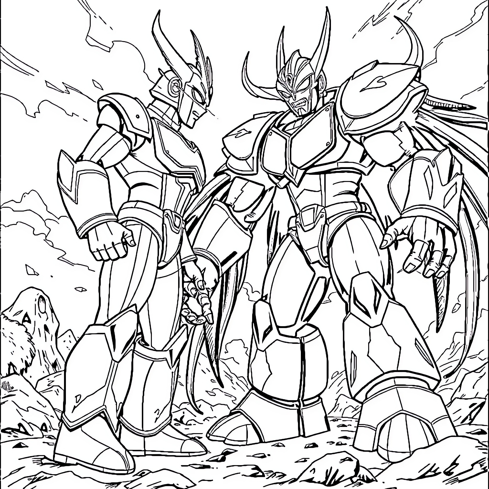 Ultramen in epic battle with dramatic poses Coloring Page (free black-and-white line drawing printable PDF for all, from beginners to advanced learners, including children, teens, adults, and seniors)