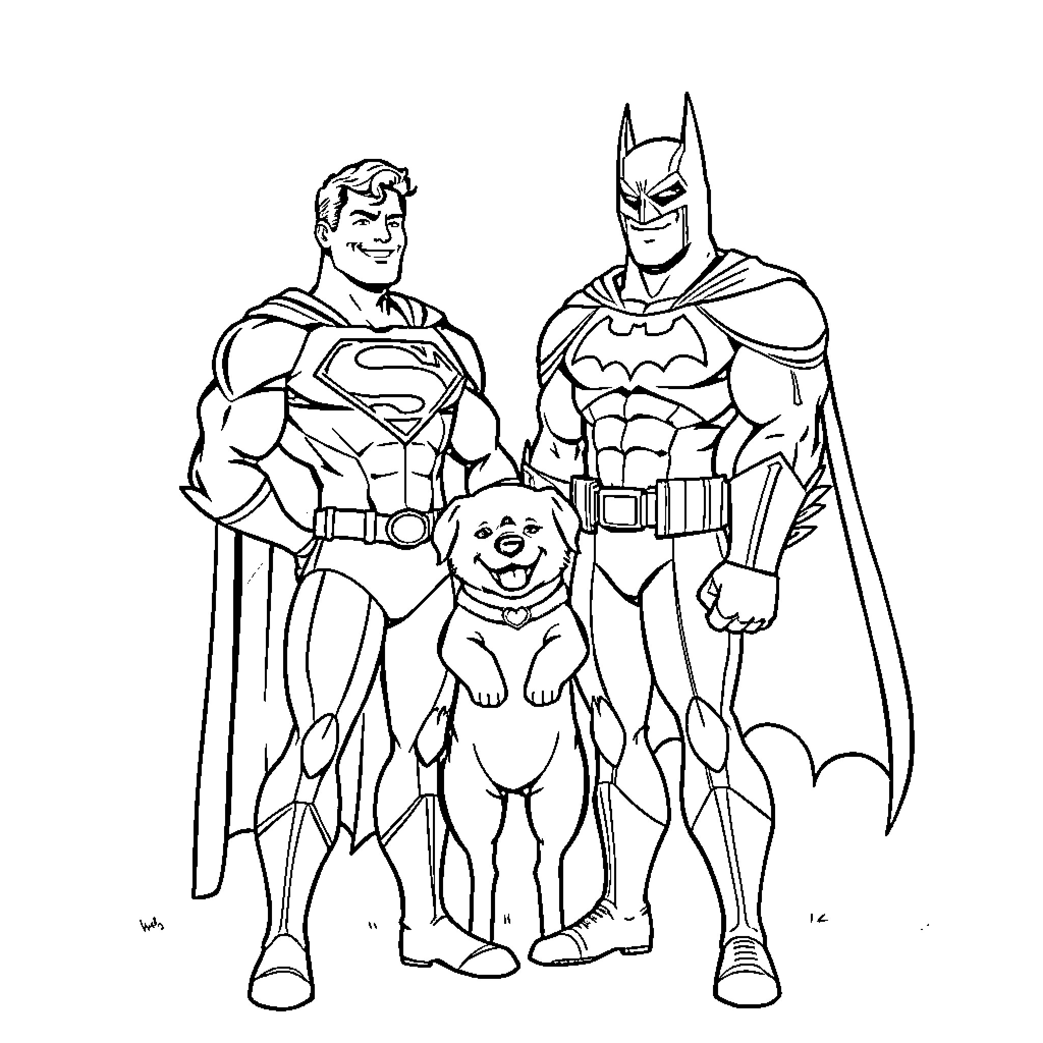 Superman and Batman heroically protecting a puppy Coloring Page (free black-and-white line drawing printable PDF for all, from beginners to advanced learners, including children, teens, adults, and seniors)