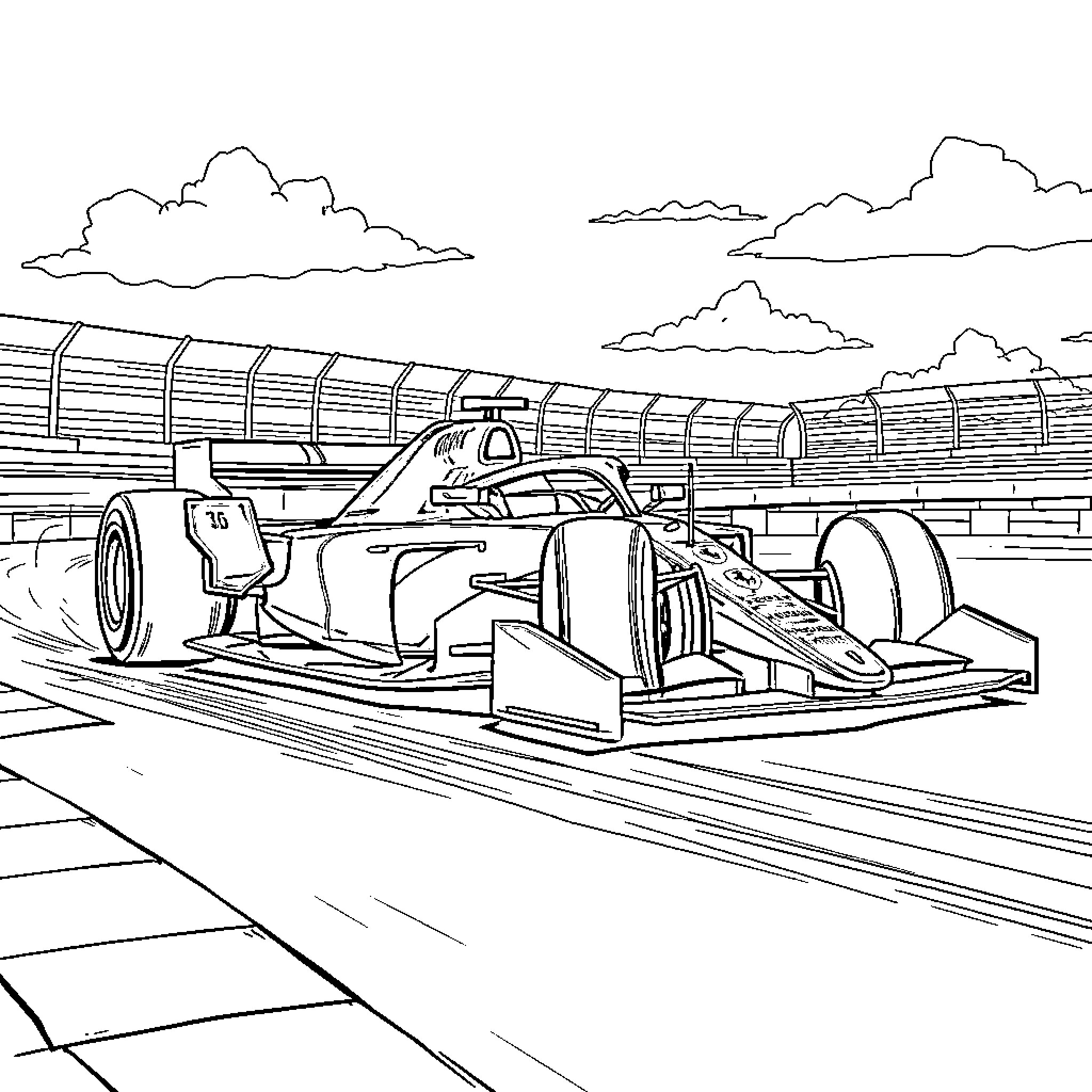 Ferrari Formula One Race Car Speeding on Track Coloring Page (free black-and-white line drawing printable PDF for all, from beginners to advanced learners, including children, teens, adults, and seniors)