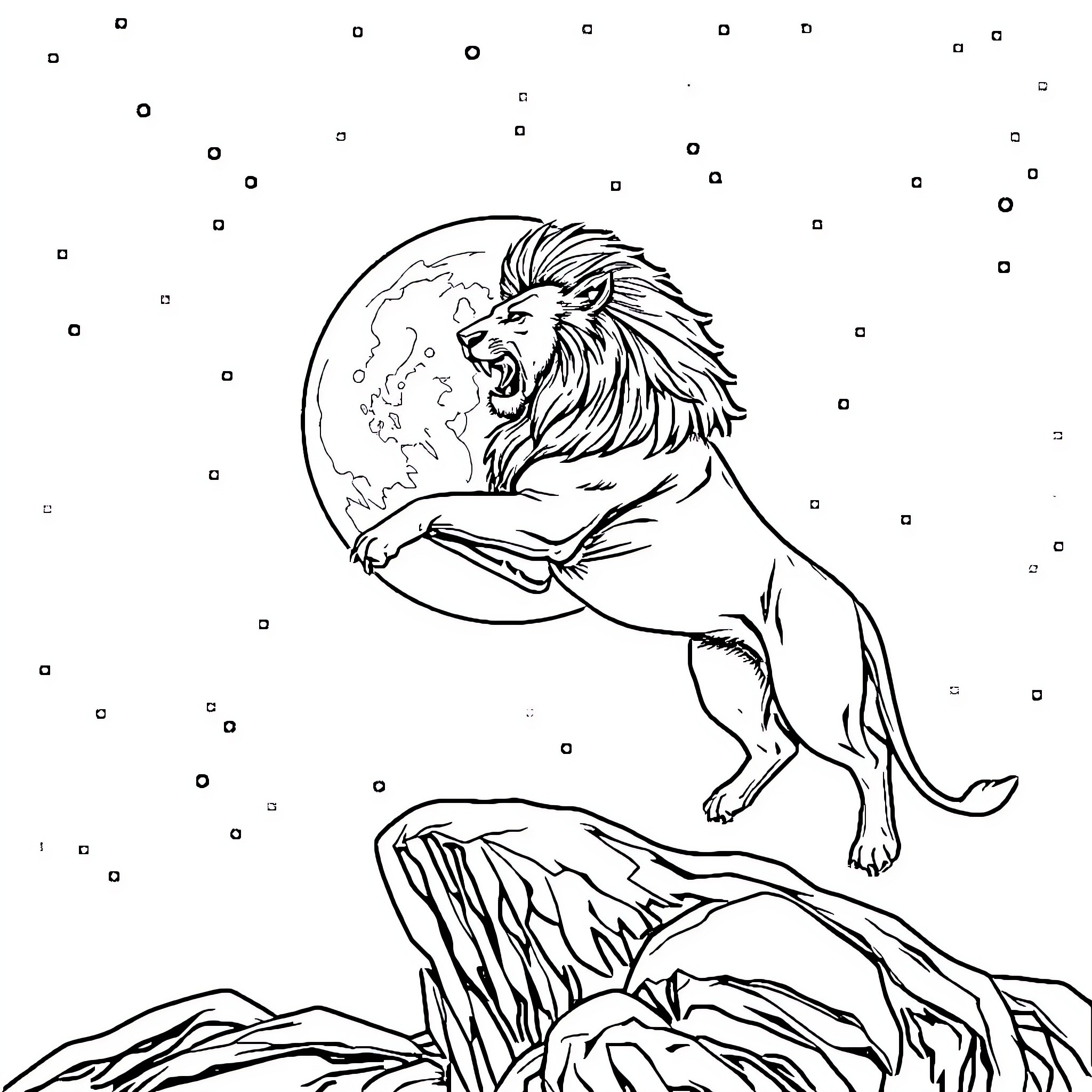 Lion guarding the Earth under the moonlit sky Coloring Page (free black-and-white line drawing printable PDF for all, from beginners to advanced learners, including children, teens, adults, and seniors)