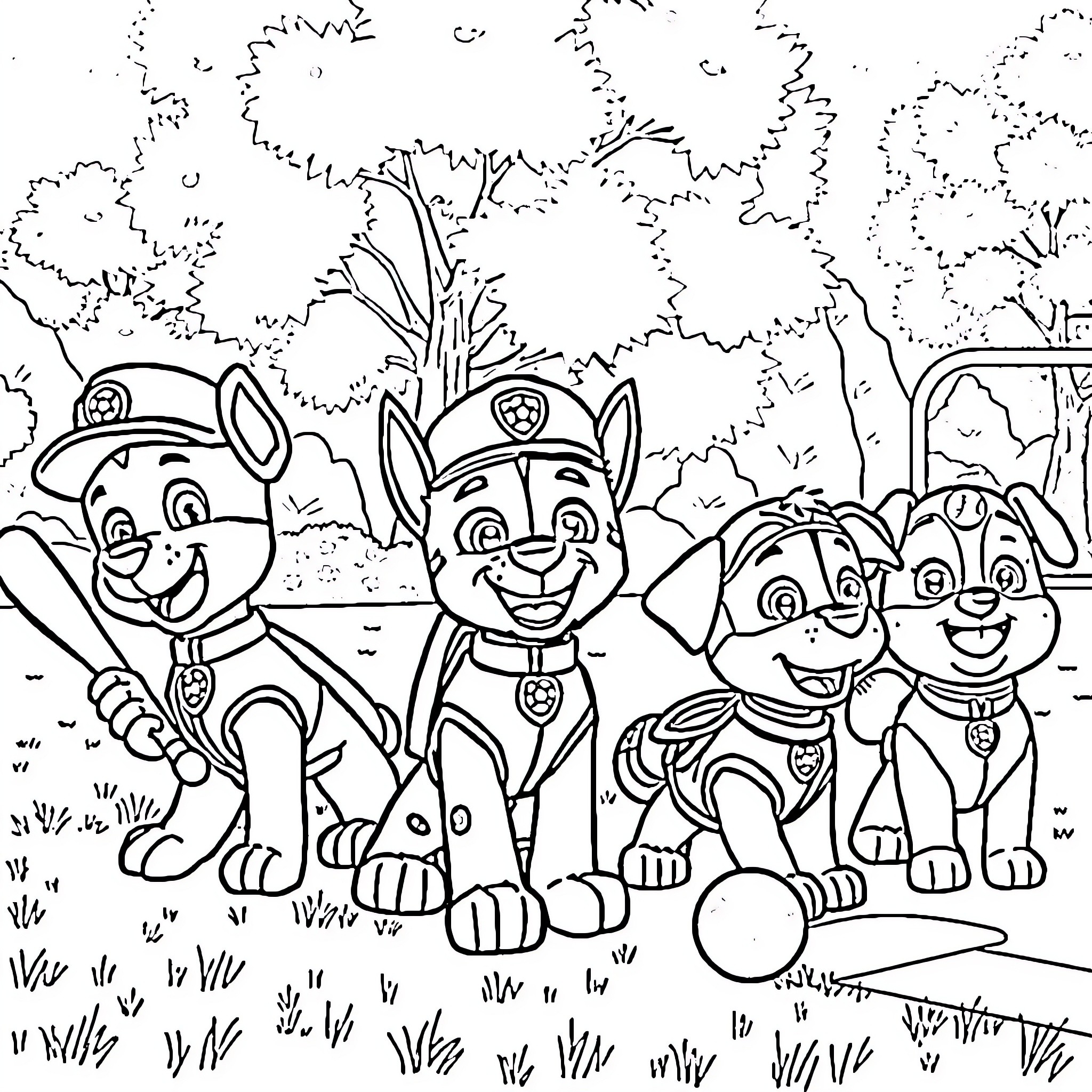 Paw Patrol pups on an outdoor adventure Coloring Page (free black-and-white line drawing printable PDF for all, from beginners to advanced learners, including children, teens, adults, and seniors)