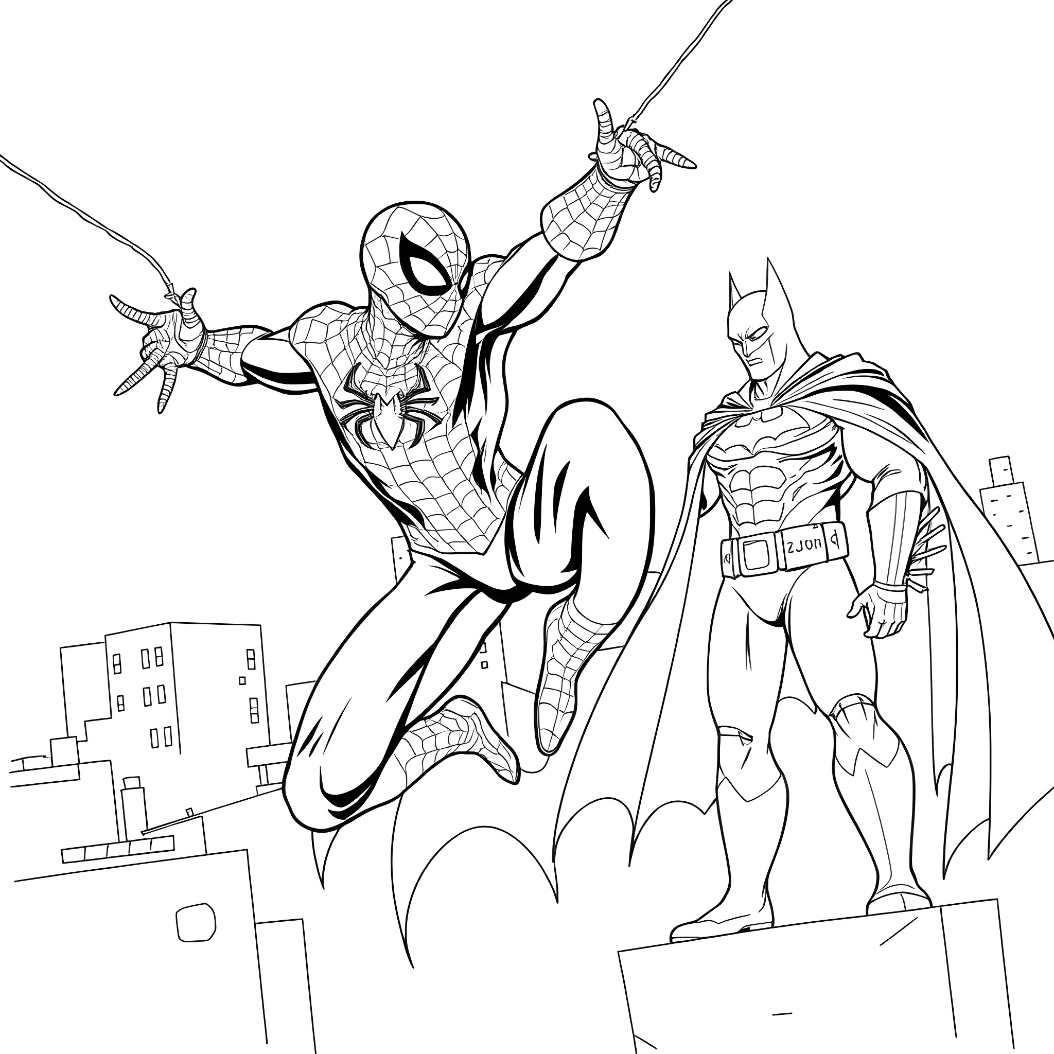 Spider-Man swinging into action with Batman Coloring Page (free black-and-white line drawing printable PDF for all, from beginners to advanced learners, including children, teens, adults, and seniors)