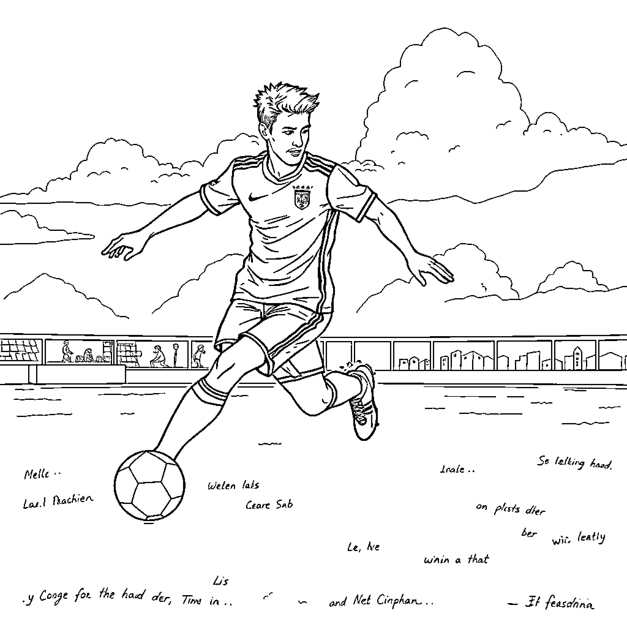Football Player Dribbling Skillfully on the Field Coloring Page (free black-and-white line drawing printable PDF for all, from beginners to advanced learners, including children, teens, adults, and seniors)