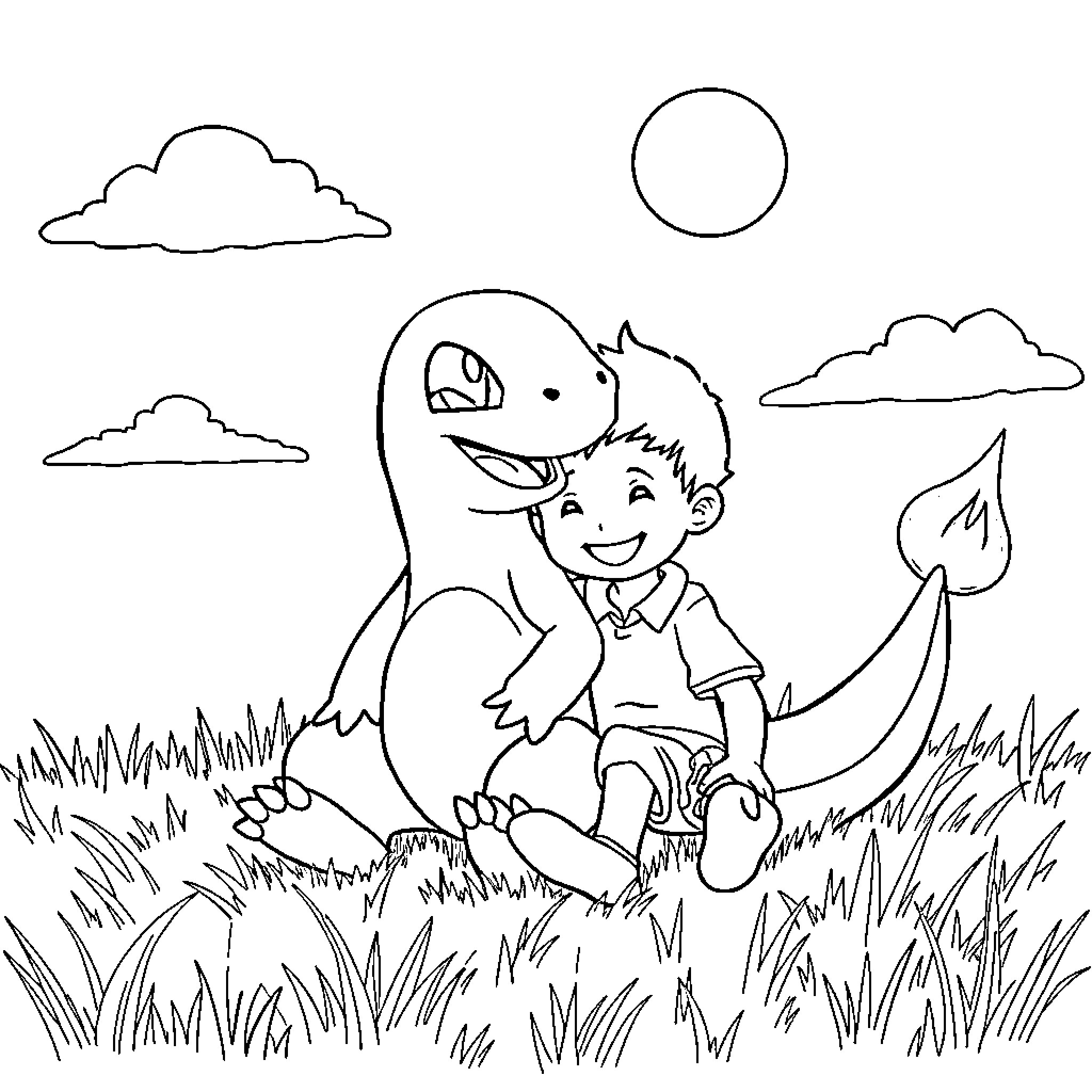 Charmander and child playing happily in the field Coloring Page (free black-and-white line drawing printable PDF for all, from beginners to advanced learners, including children, teens, adults, and seniors)