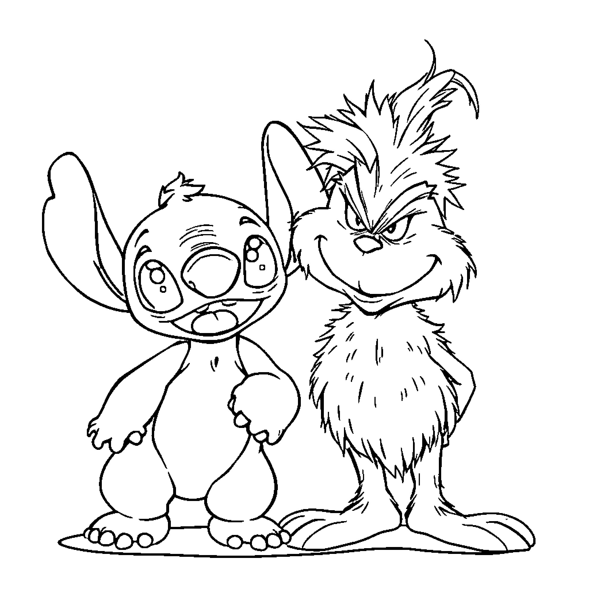 Stitch and Gizmo enjoying a playful moment Coloring Page (free black-and-white line drawing printable PDF for all, from beginners to advanced learners, including children, teens, adults, and seniors)