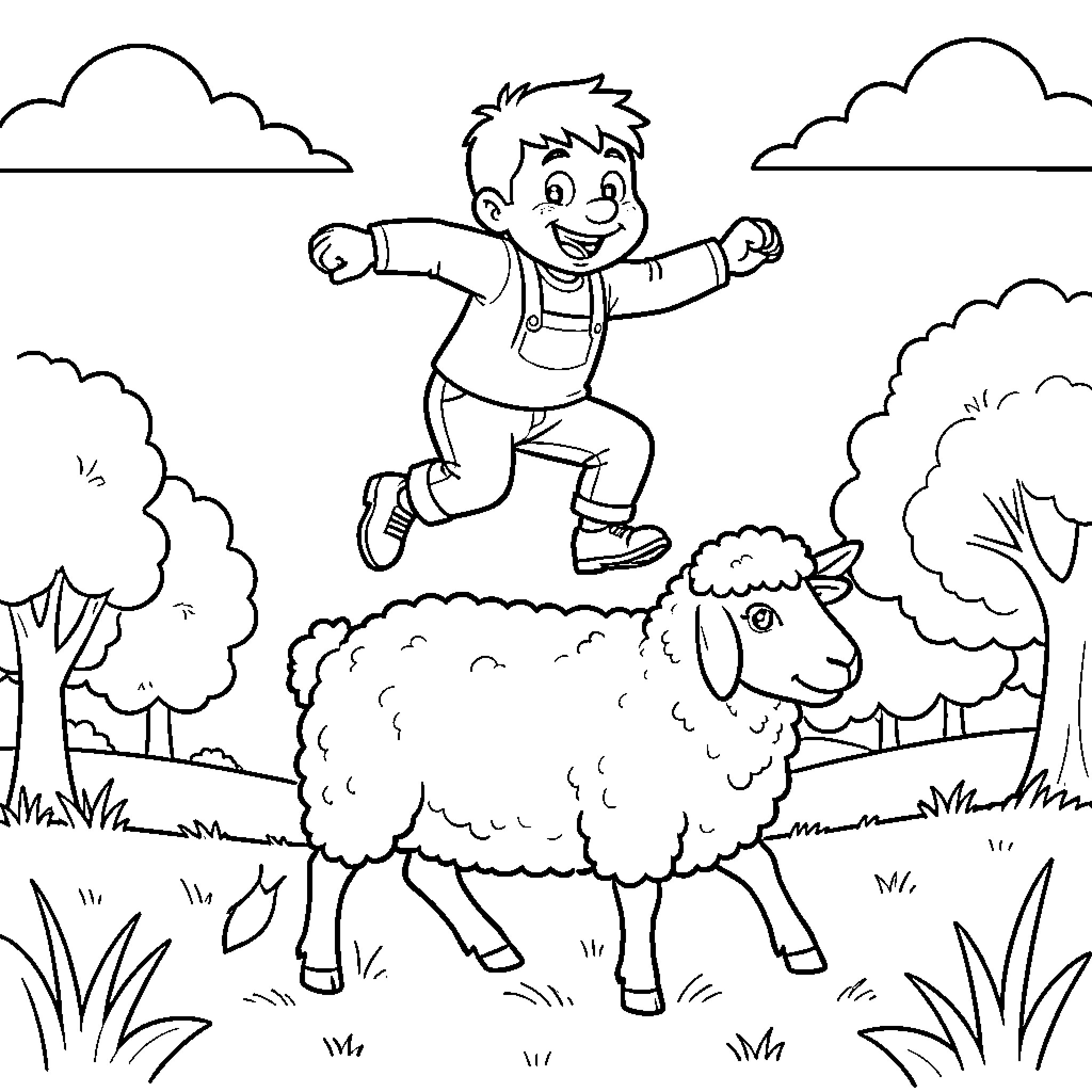 Carlin jumping joyfully over a fluffy sheep Coloring Page (free black-and-white line drawing printable PDF for all, from beginners to advanced learners, including children, teens, adults, and seniors)