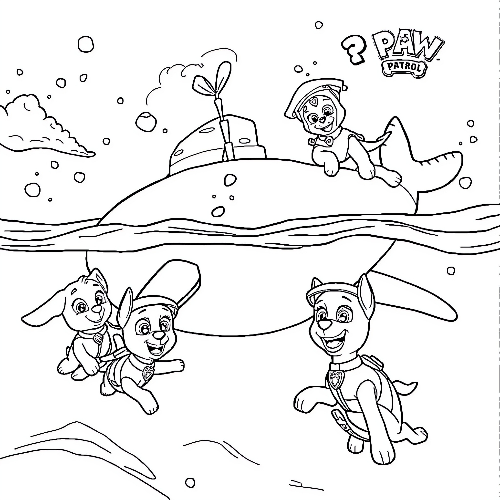 Whale Patrol puppy characters exploring underwater Coloring Page (free black-and-white line drawing printable PDF for all, from beginners to advanced learners, including children, teens, adults, and seniors)