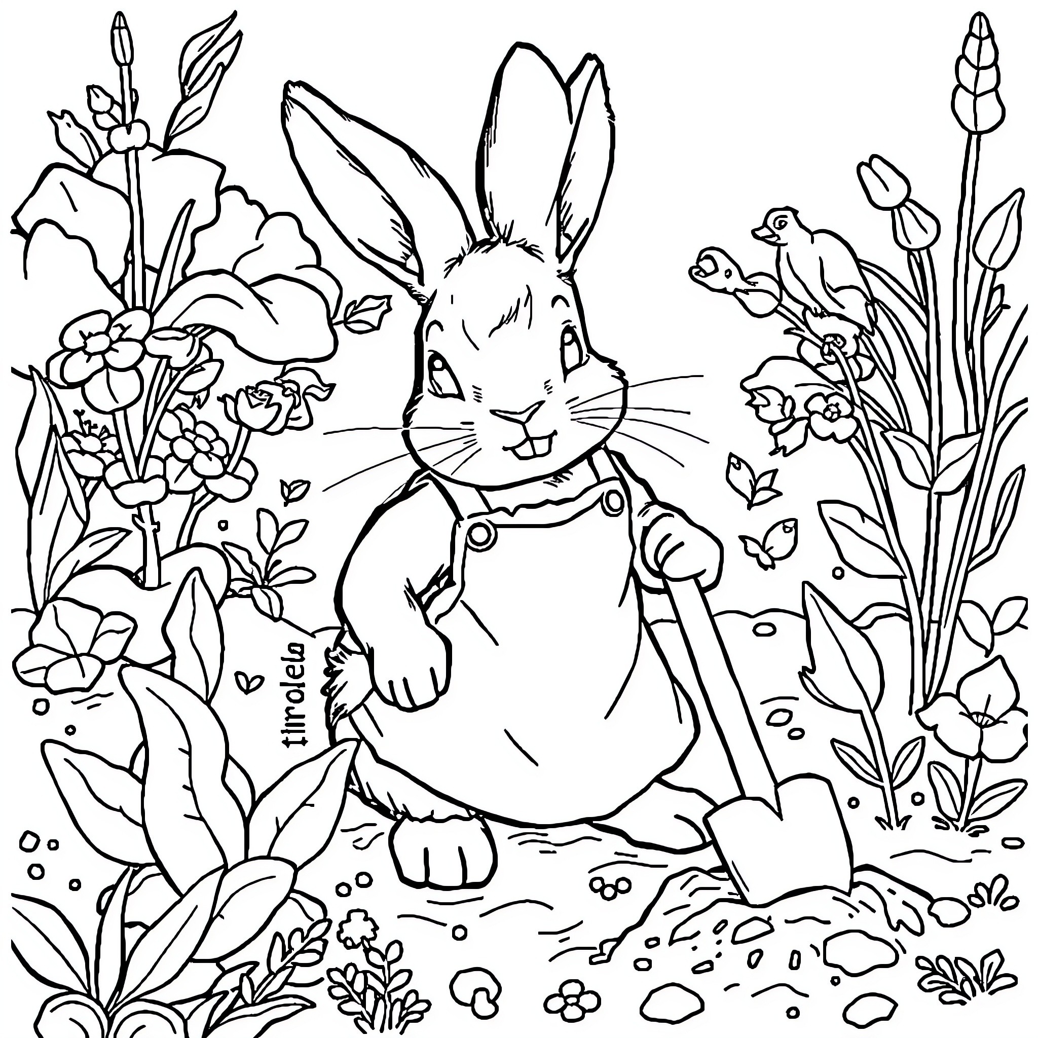 Rabbit gardening in a blooming floral scene Coloring Page (free black-and-white line drawing printable PDF for all, from beginners to advanced learners, including children, teens, adults, and seniors)