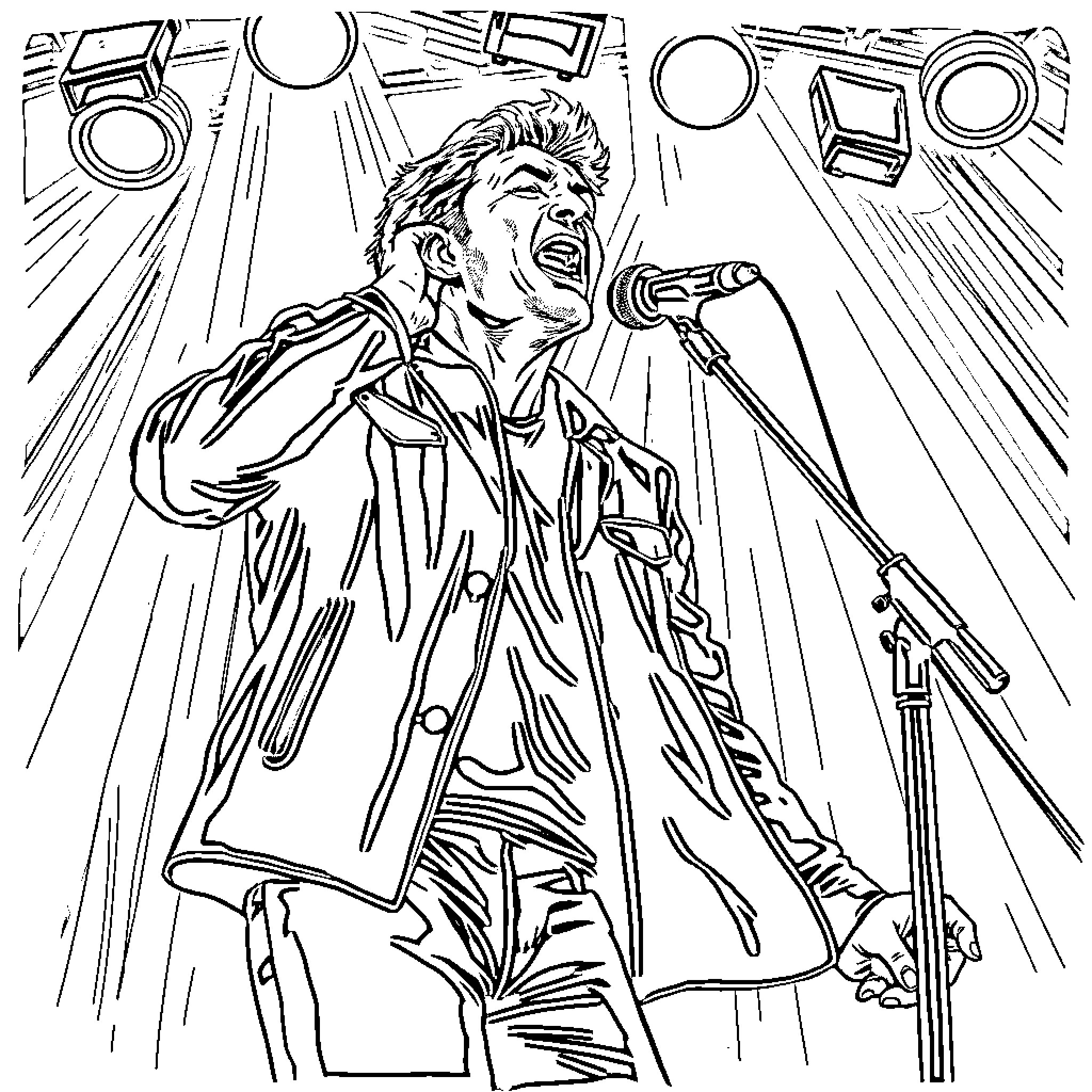 Hunter performing on stage with intensity Coloring Page (free black-and-white line drawing printable PDF for all, from beginners to advanced learners, including children, teens, adults, and seniors)