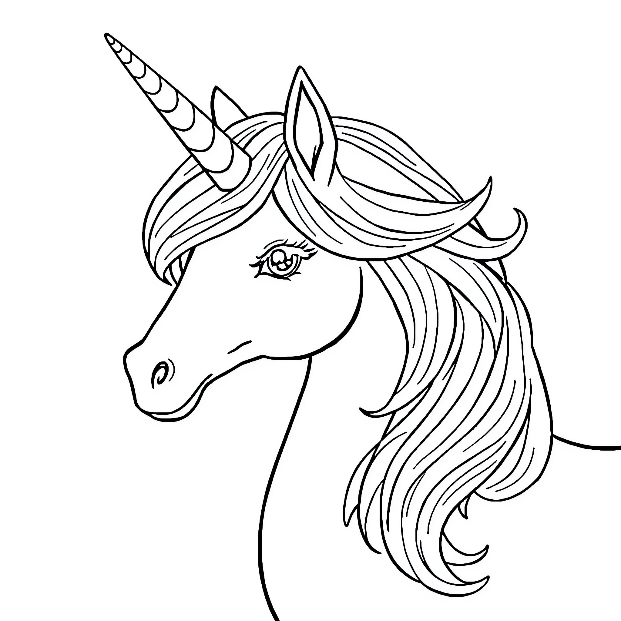 Unicorn with flowing mane and horn Coloring Page (free black-and-white line drawing printable PDF for all, from beginners to advanced learners, including children, teens, adults, and seniors)
